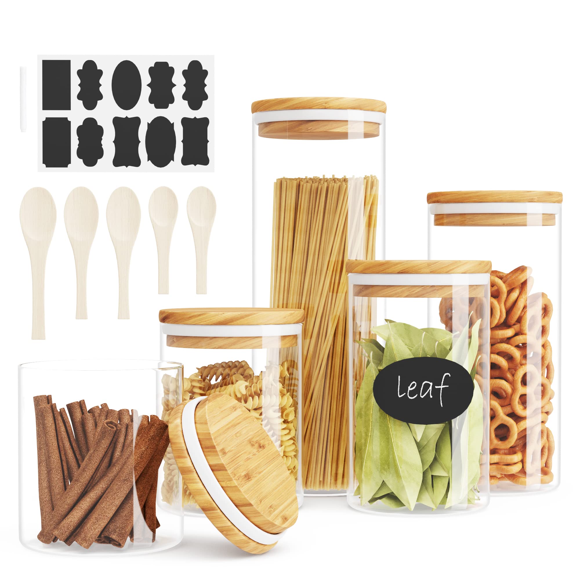Eco-Friendly Glass Storage Containers with Bamboo Lids - 5-Pack Airtight Food Canisters for Pantry Organization - Includes Wooden Spoons, Chalkboard Labels & Marker - Perfect for Meal Prep, Baking Ingredients & Coffee Storage (GJ22)