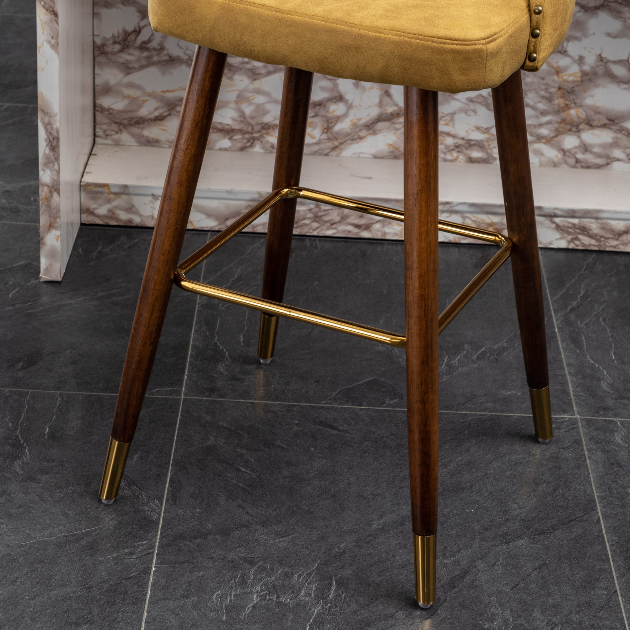 Roundhill Furniture Nevis Mid-Century Modern Faux Leather Tufted Bar Stools with Nailhead Trim - Set of 2 Yellow Counter Height Stools for Kitchen Island, Breakfast Bar & Home Decor
