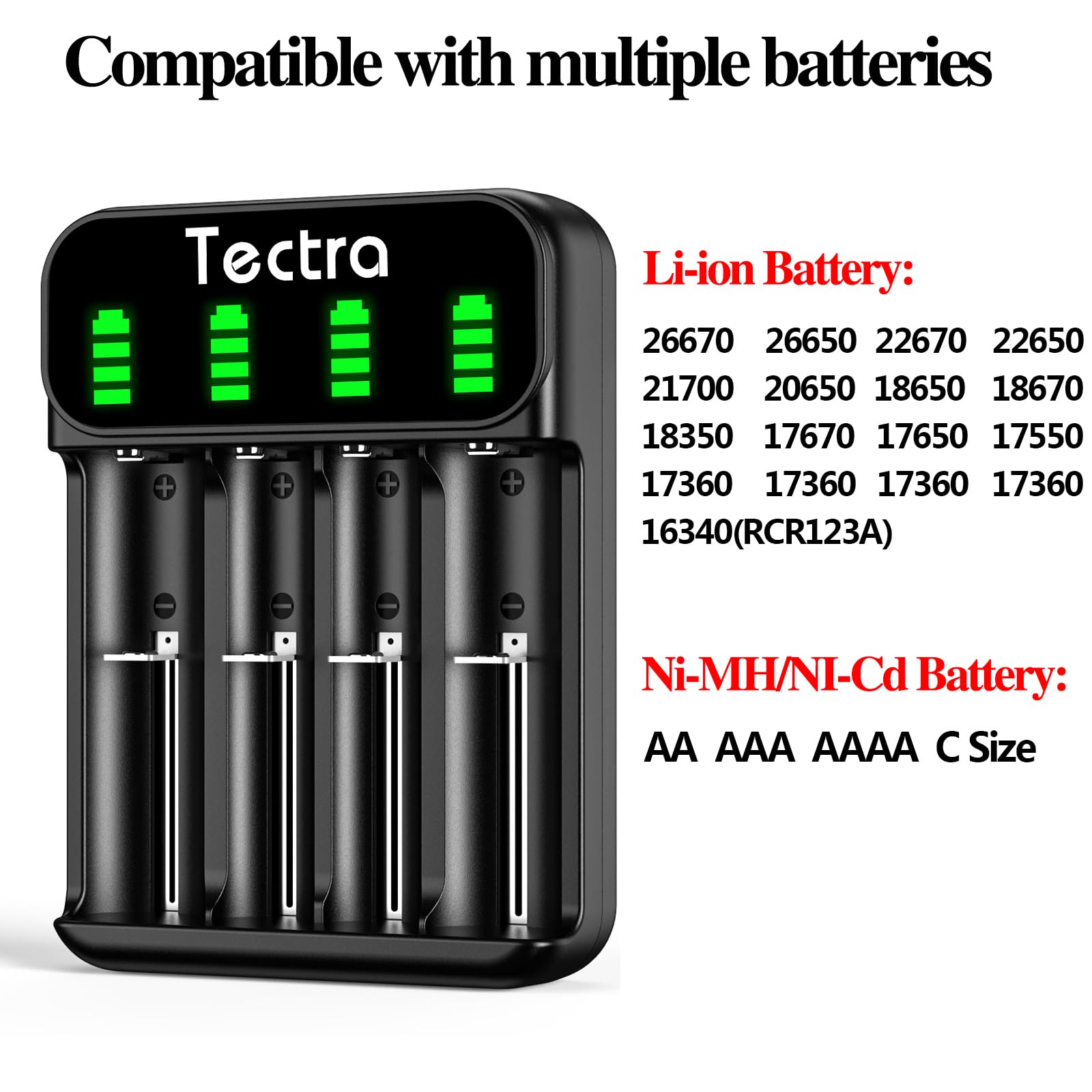 Fast 4-Slot Universal USB Battery Charger for Li-ion 18650/22650/26650 & Ni-MH AA/AAA - Smart LED Display Charging Station for Home, Office, and Travel Use
