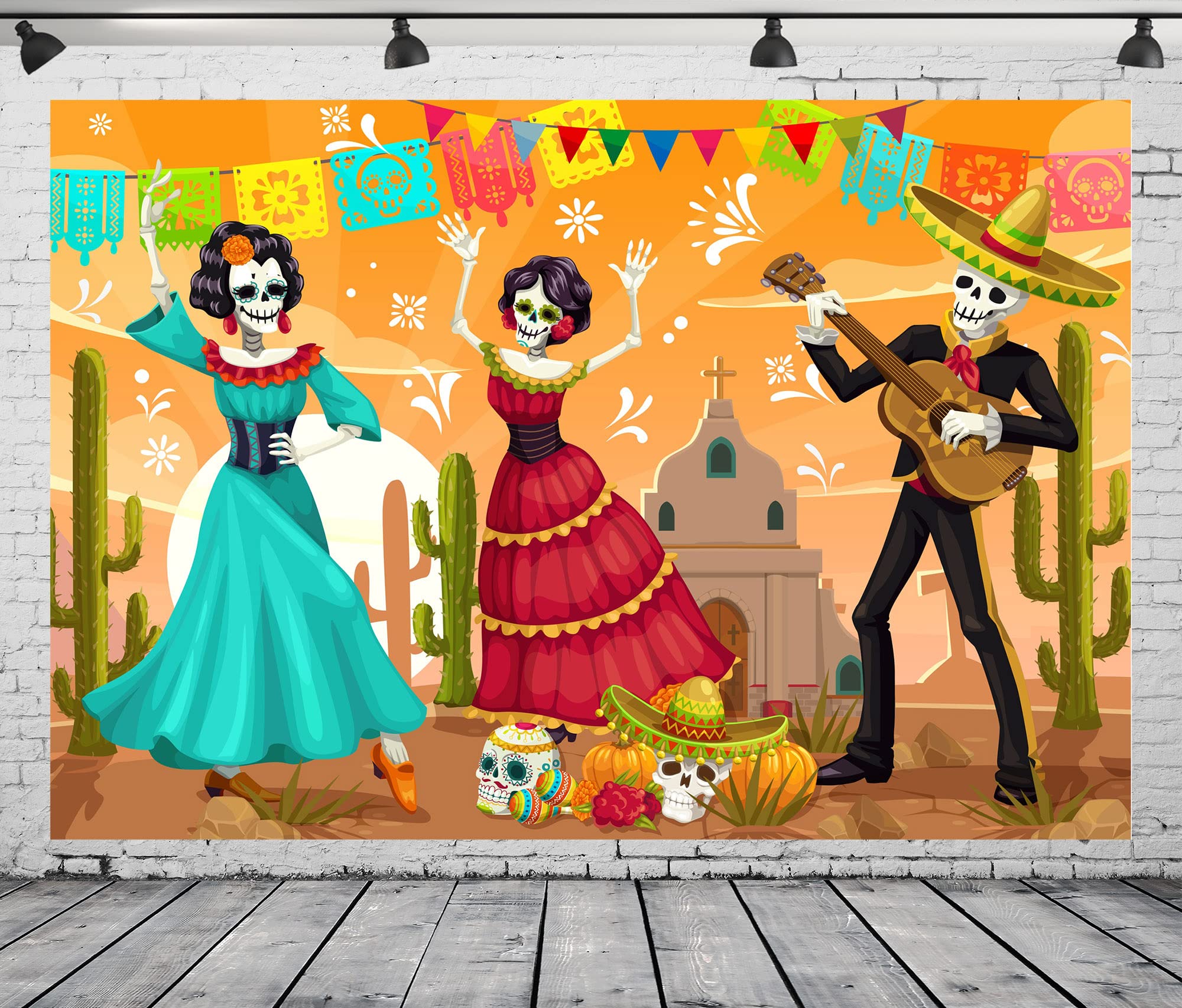 5x3ft Day of The Dead Backdrop - Catrina Skeletons, Flamenco Dancer & Sugar Skull Design with Marigold Flowers - Photography Background for Dia De Los Muertos Party, Fiesta Decor & Photo Props - Perfect for Halloween, Cinco de Mayo & Themed Events