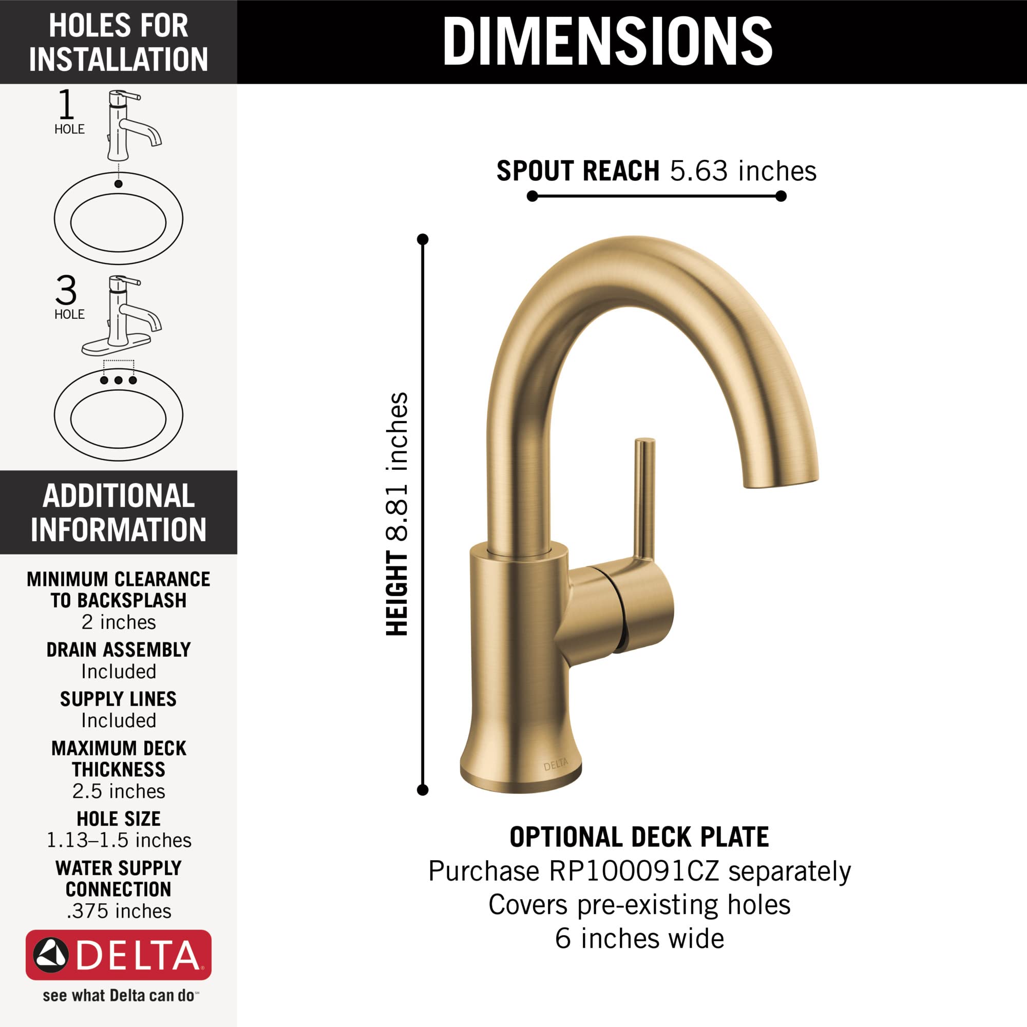 Delta Trinsic Single Hole Bathroom Faucet in Champagne Bronze - Water-Saving Single Handle Bathroom Sink Faucet with Diamond Seal Technology & Drain Assembly - Perfect for Modern Bathrooms, Powder Rooms & Guest Baths