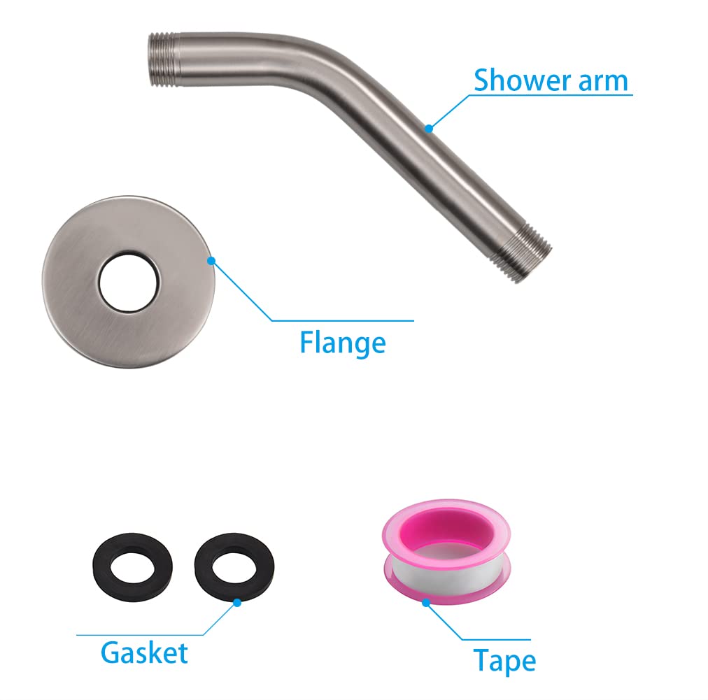 Stainless Steel Shower Head Extension Arm with Flange & Tape - 6 Inch Brushed Nickel Wall Mounted Shower Extender for Fixed Shower Heads | Perfect for Bathroom Renovation & Space-Saving Shower Solutions