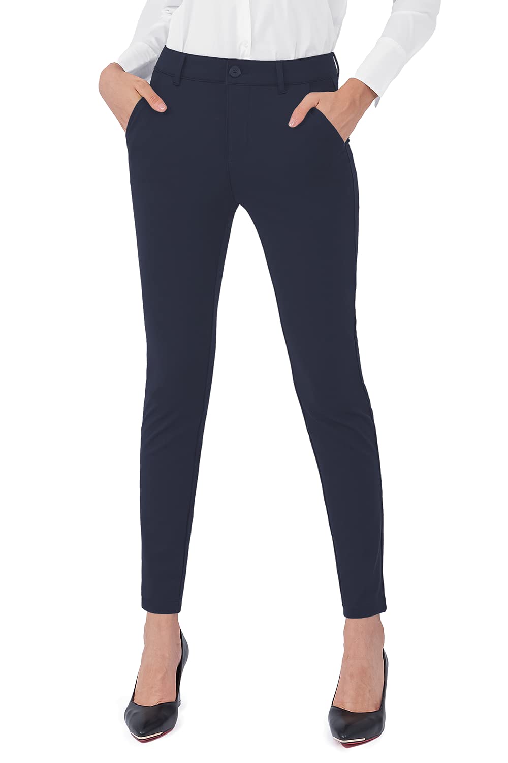 Bamans Women's Stretch Skinny Dress Pants - Business Casual Work Pants with Pockets, Comfortable Office Trousers for Professional Wear (Magenta Blue, X-Large) - Perfect for Office, Meetings & Business Travel