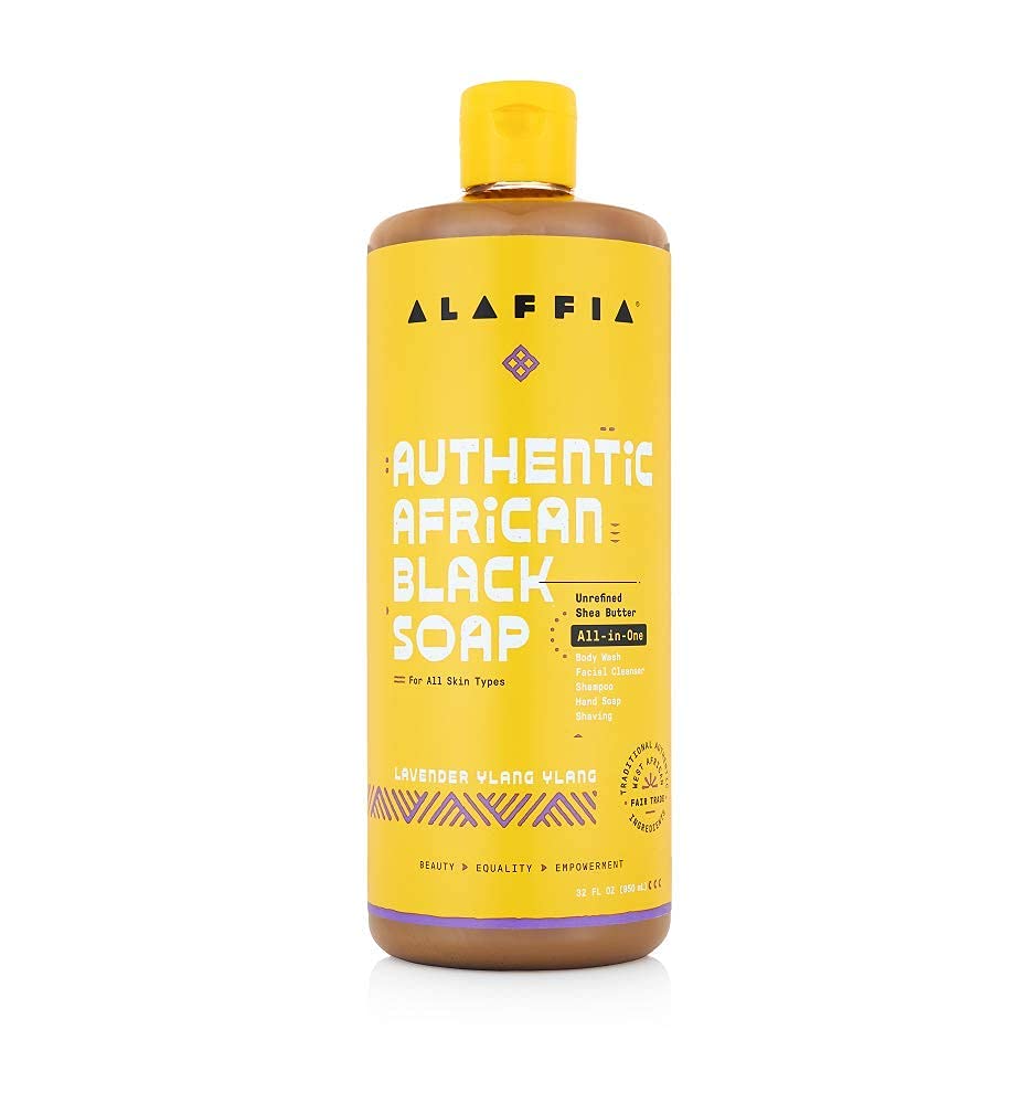 Alaffia Authentic African Black Soap - All-in-One Body Wash, Face Wash, Shampoo & Shaving Bar with Fair Trade Shea Butter, Lavender & Ylang Ylang - 32 Fl Oz - Natural Skin & Hair Care for Daily Cleansing & Moisturizing