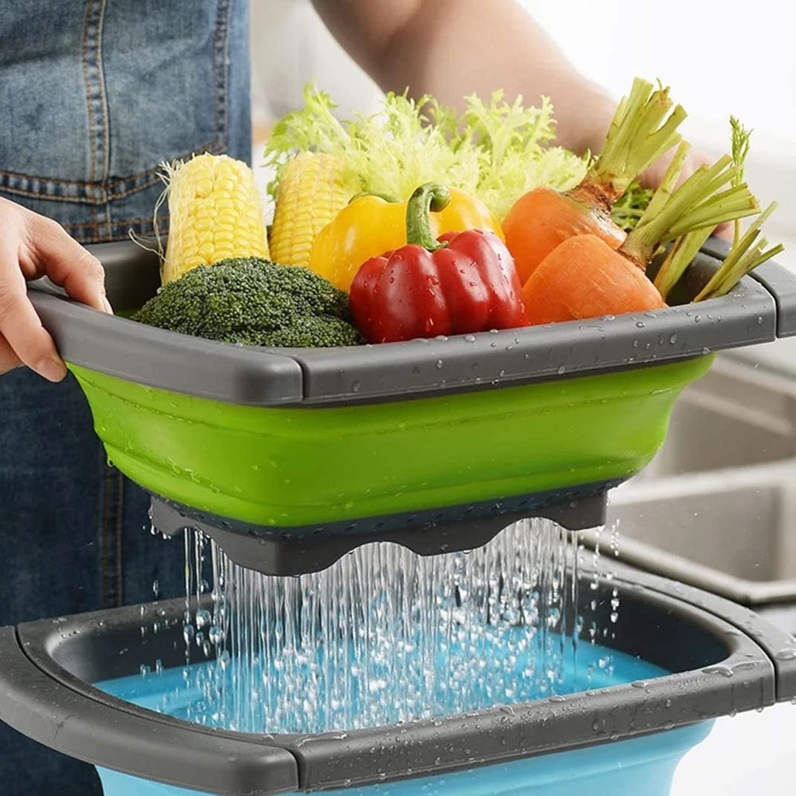 Lightweight Portable Silicone Foldable Fruit & Vegetable Wash Strainer Basket - High Temperature Resistant, Green Collapsible Drain Basket for Kitchen, Camping & Travel