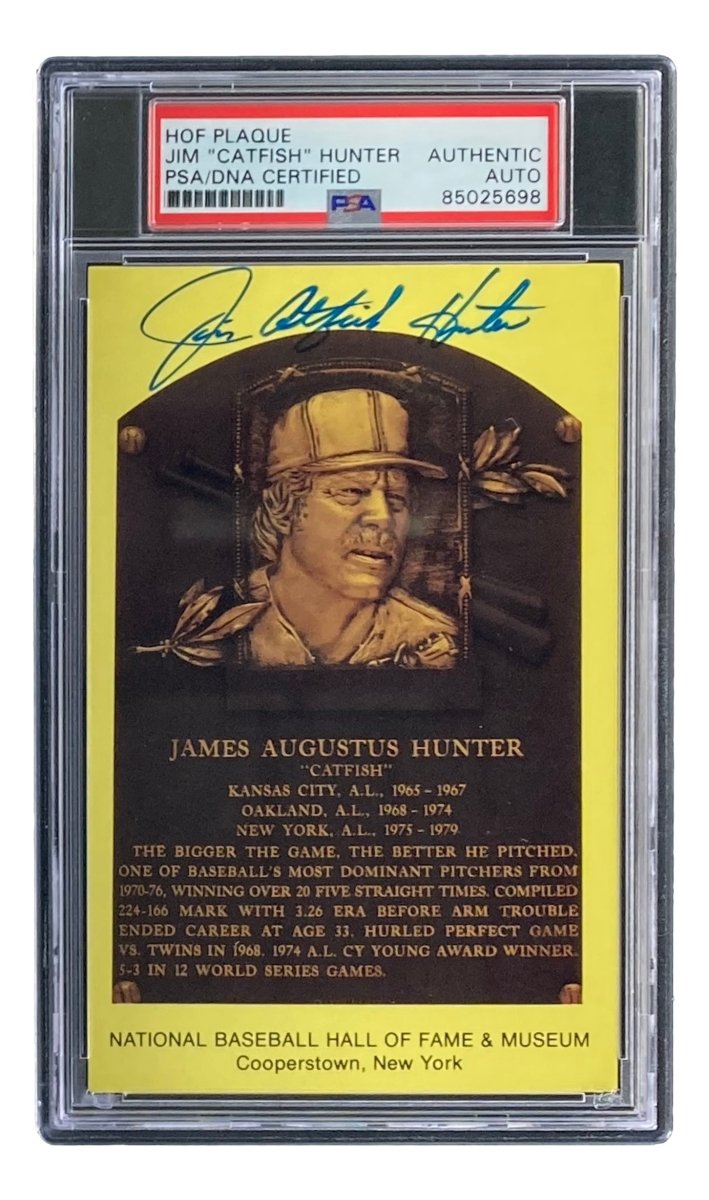 Authentic Jim Catfish Hunter Signed 4x6 New York Yankees HOF Plaque Card with PSA/DNA Certification 85025698 - Perfect for Baseball Memorabilia Collectors and Yankees Fans Display