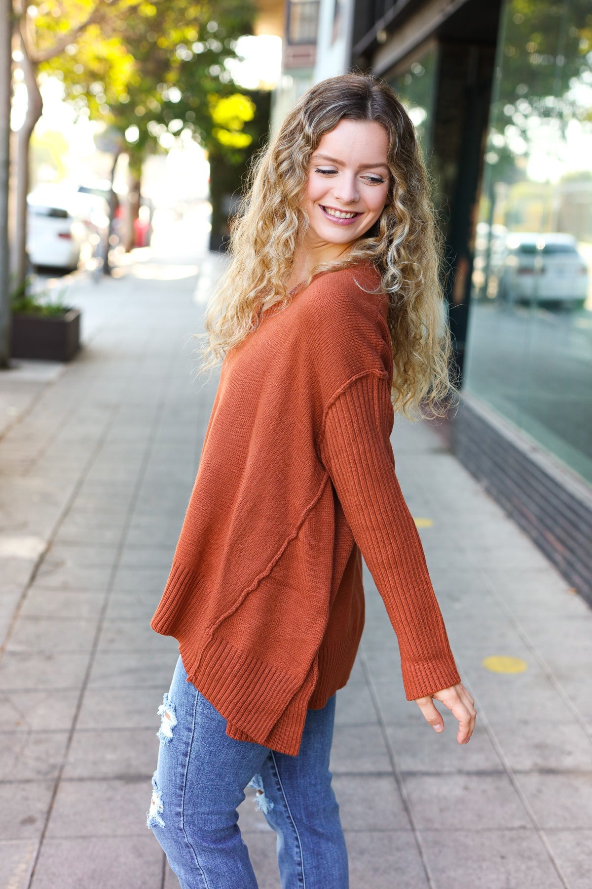 Stylish Rust Oversized V-Neck Rib Knit Sweater for Women | Cozy Fall & Winter Pullover | Perfect for Casual Outings, Date Nights & Office Wear
