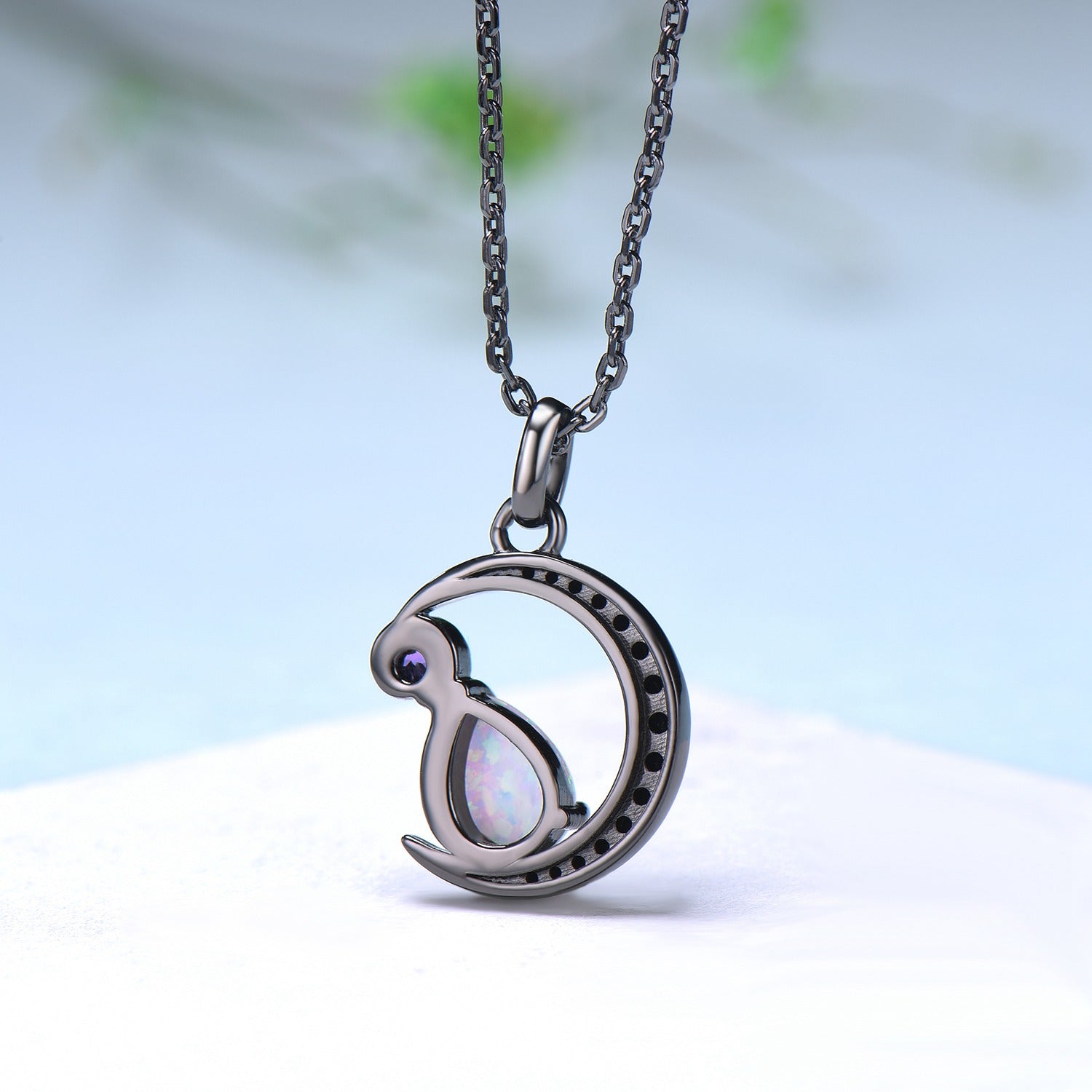 Magic Crescent Moon Black Gold Opal Amethyst Gothic Pendant Necklace - Unique Pear Shaped Fire White Opal Black Spinel Jewelry for Women | Perfect for Halloween, Gothic Fashion, Witchy Aesthetic & Boho Chic Outfits
