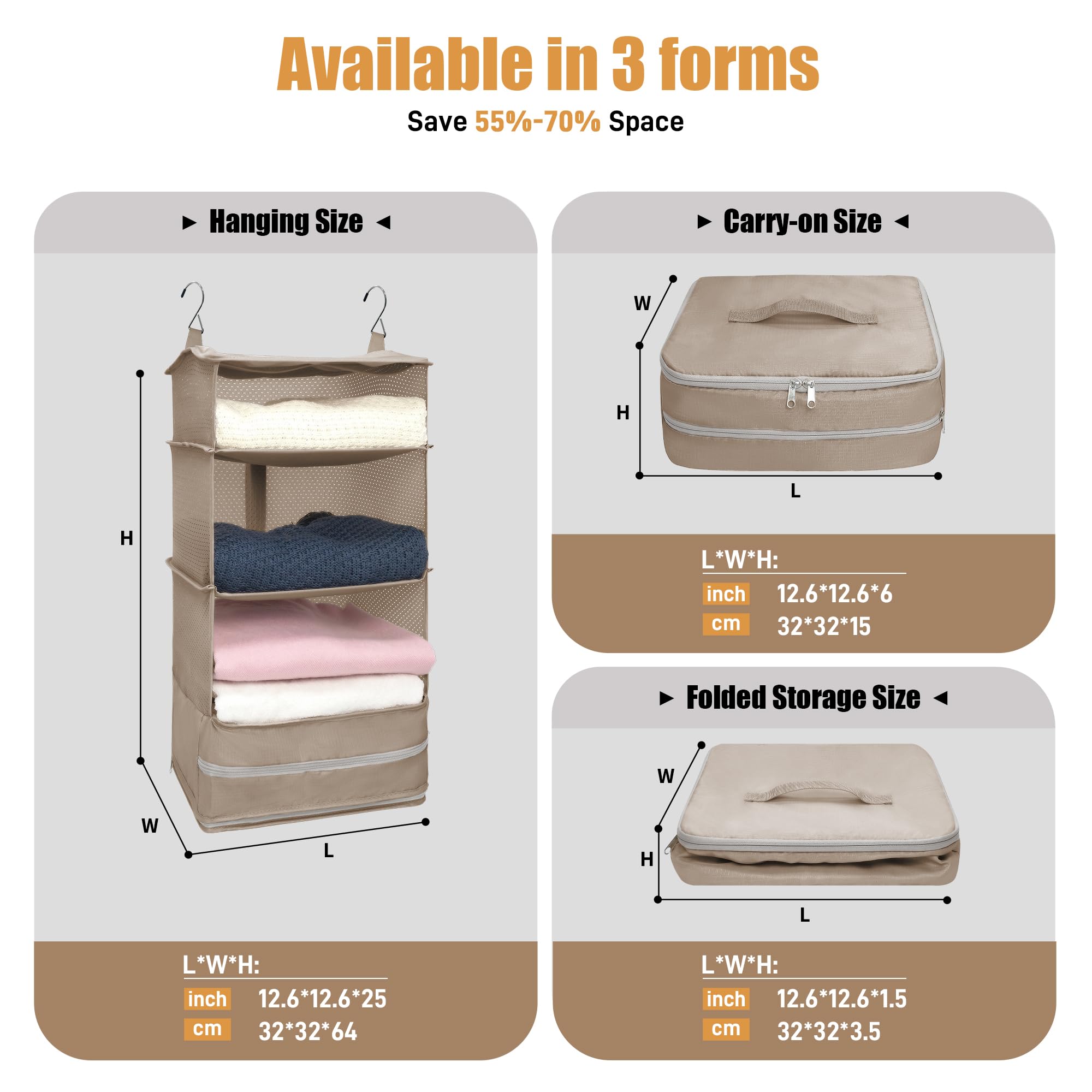 Twira Portable Hanging Travel Shelves Organizer - Large Capacity Collapsible 4-Shelf Suitcase Organizer with 2 Hooks for Luggage (Beige) | Perfect for Carry-On Closet, Business Trips & Vacation Packing
