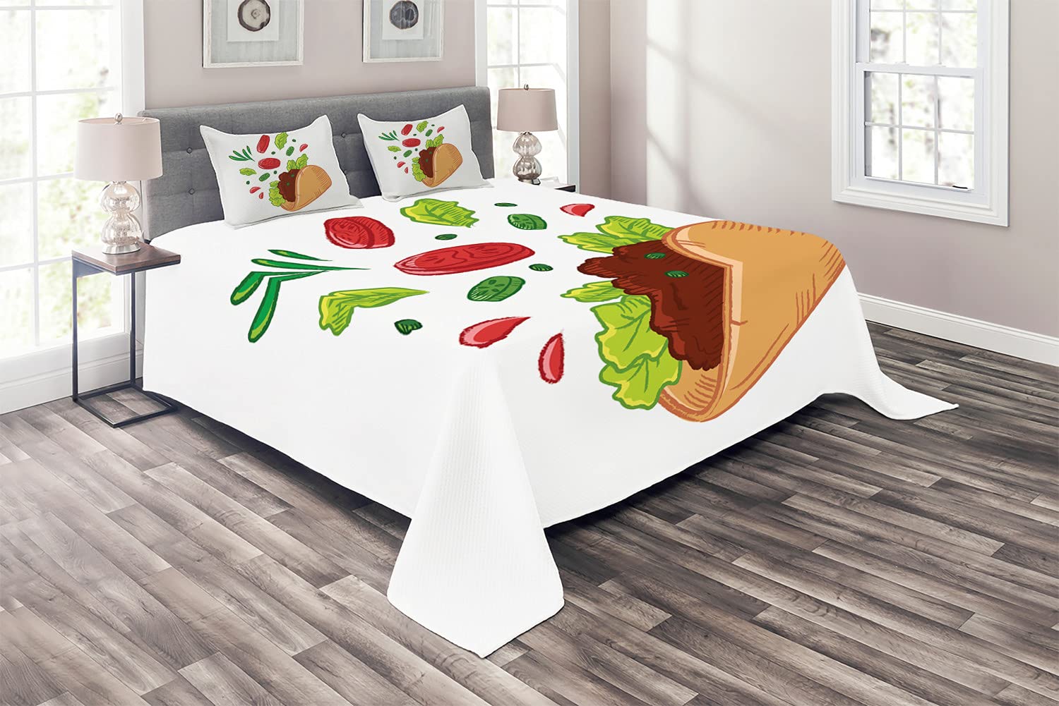Ambesonne 3-Piece King Size Taco Themed Quilted Bedspread Set with 2 Pillow Shams - Mexican Fast Food Inspired Vegan Snacks Design in Lime Green & Sand Brown - Perfect for Taco Lovers' Bedroom Decor & Mexican Restaurant Themed Parties