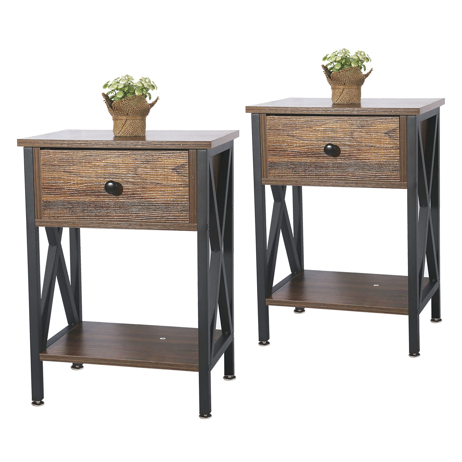 QCen Industrial Side End Table Nightstand with Drawer and Shelf - Rustic Brown Wood X-Design Bedside Storage - Easy Assembly Set of 2 for Bedroom, Living Room, Office & Dorm Decor