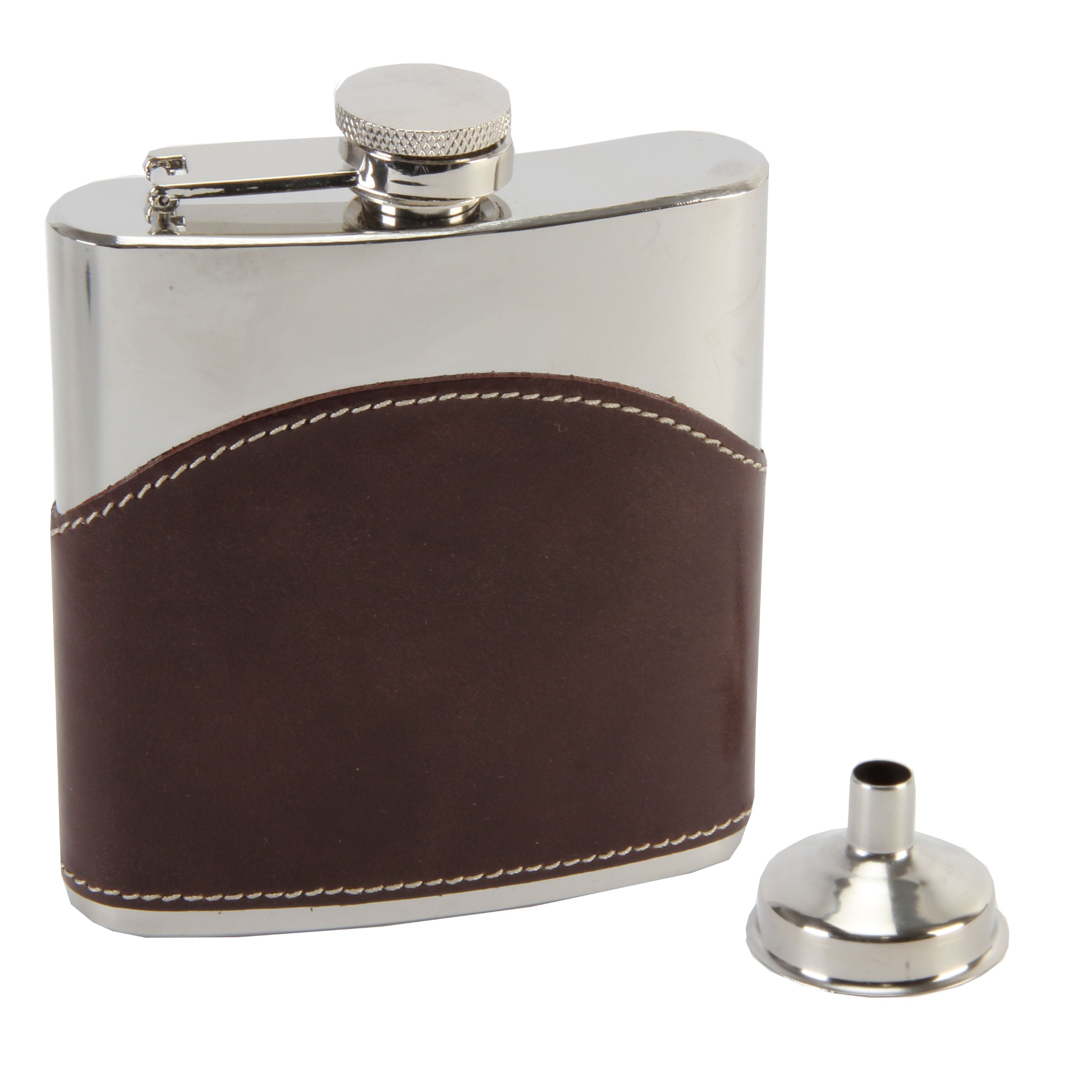 Premium 6oz Leather Hip Flask with Funnel - Widdop Bingham Harvey Makin Brown Leather Overlay Whiskey Flask - Perfect for Outdoor Adventures, Gifts & Travel Accessories