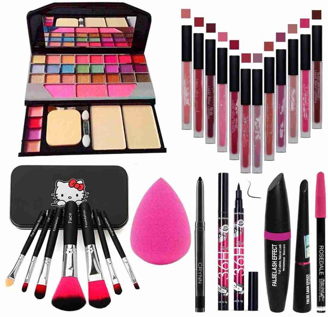BELLAS Tya 6155 12-Piece Multicolor Liquid Matte Lipstick Set with 7 Makeup Brushes, Kajal, Beauty Blender & 3-in-1 Eyeliner Mascara Eyebrow Pencil - 26-Piece Complete Makeup Kit for Professional & Everyday Glam Looks