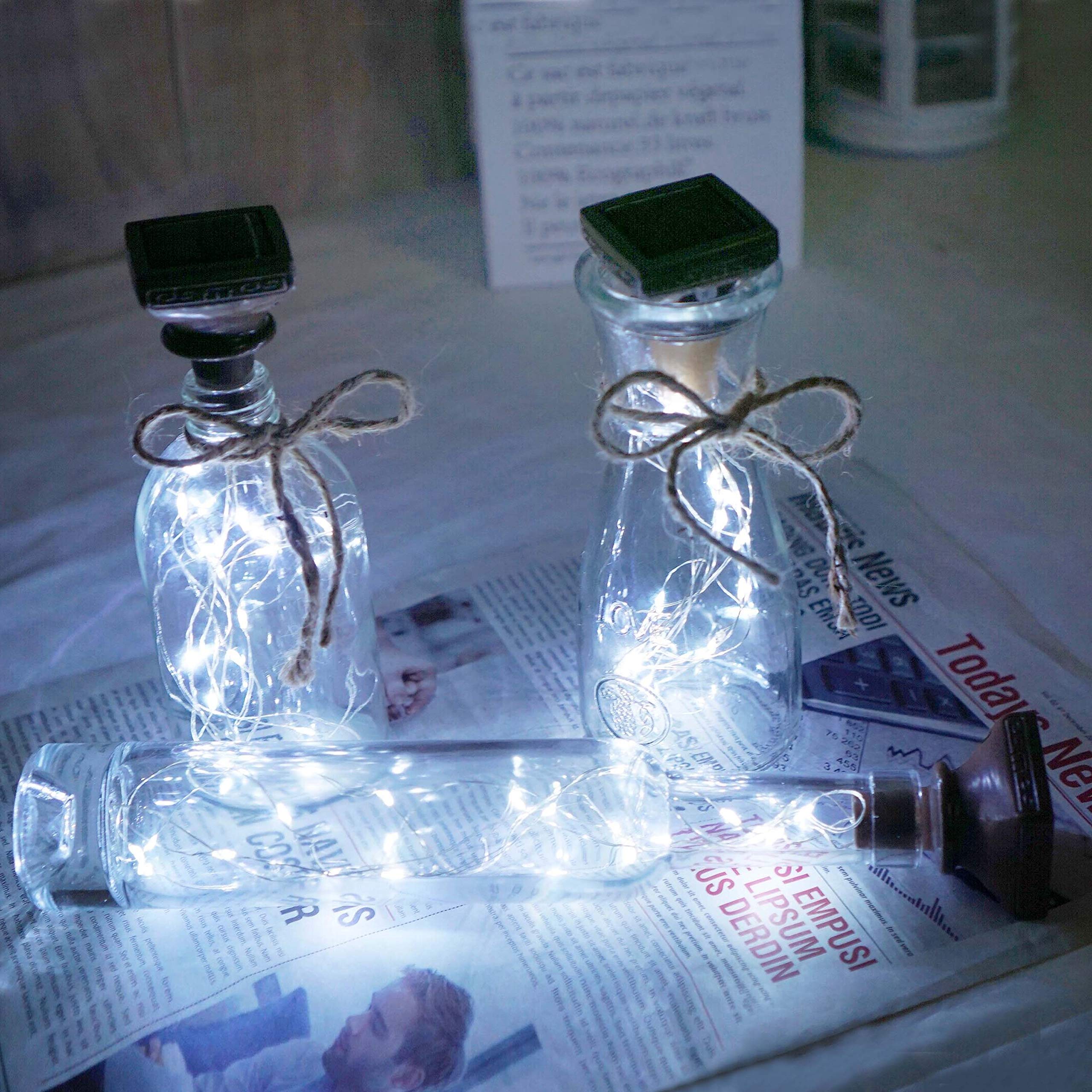 Solar Powered Wine Bottle Lights with Cork - 6 Pack 20 LED Cork Shape Silver Copper Wire Fairy String Lights for DIY, Party, Christmas, Wedding, Home, Garden, Bar Decor (Cool White) - Perfect for Romantic Dinners, Outdoor Gatherings & Holiday Celebrations
