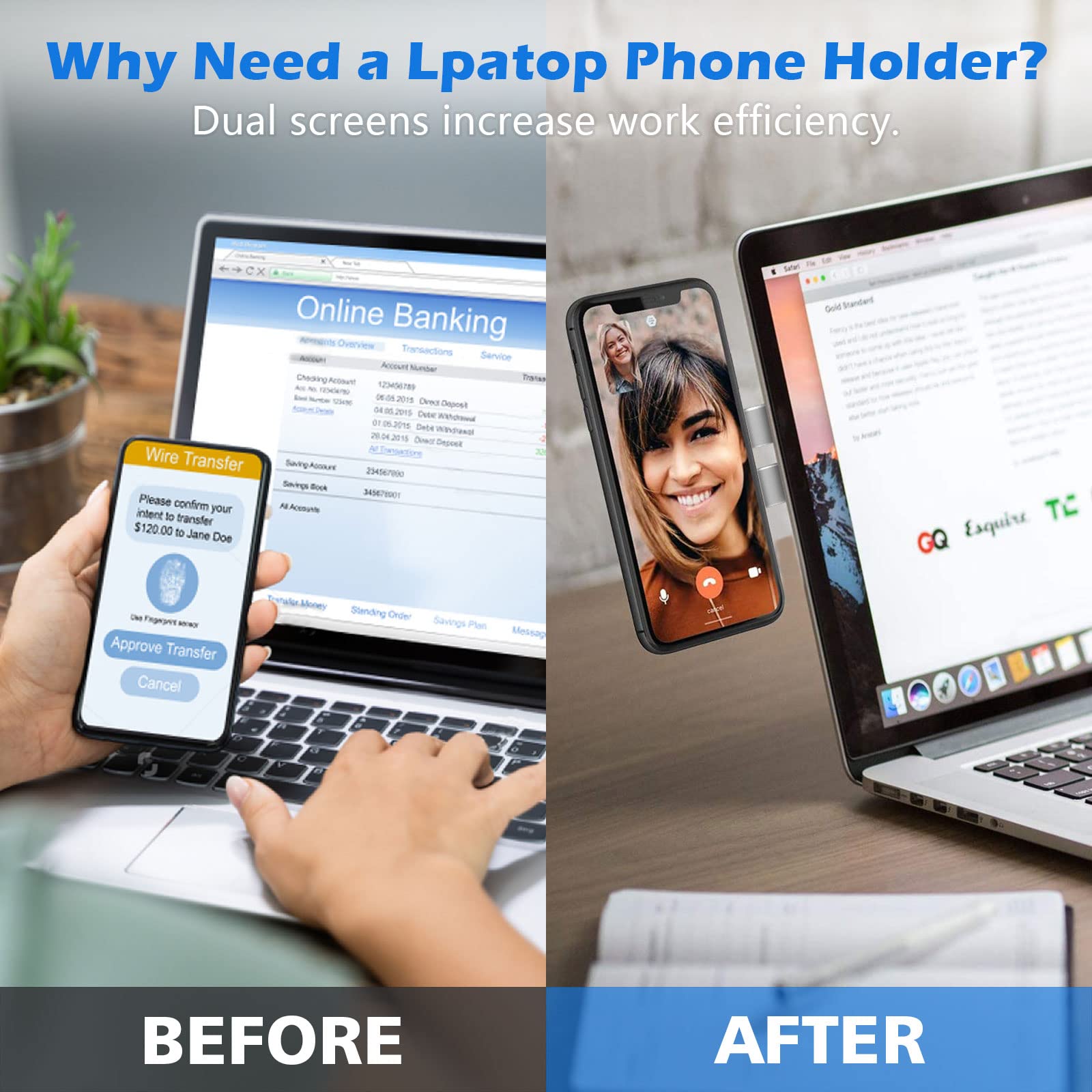 iMLuckies Magnetic Laptop Phone Holder - Adjustable Monitor Side Mount Clip for iPhone 16/15/14/13/12 Series & MagSafe Case | Universal Phone Stand | Portable Foldable Silver Bracket | Perfect for Work, Study & Video Calls