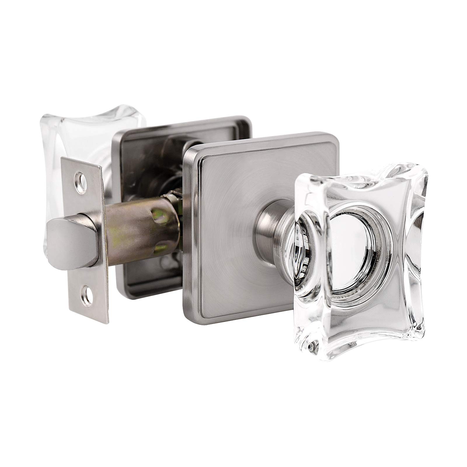 Satin Nickel Passage Door Knobs Set with Square Crystal Glass - Keyless Hall & Closet Door Knobs - Modern Diamond Crystal Interior Door Knobs (1 Pack) - Perfect for Bedrooms, Bathrooms, and Closet Doors