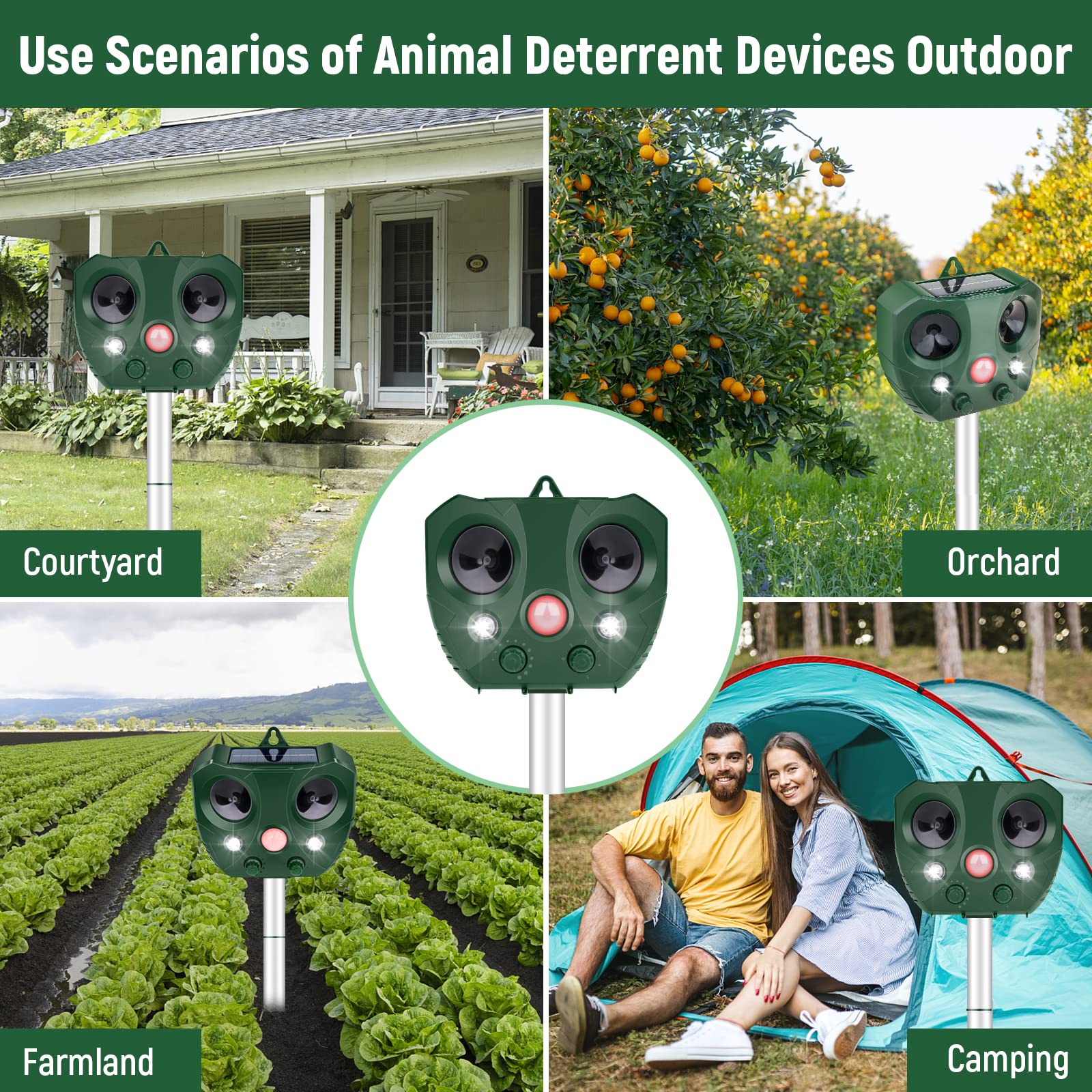 Solar Powered Ultrasonic Animal Repeller Outdoor - Motion Activated Pest Control Device with LED Flashing Lights to Deter Cats, Dogs, Deer, Birds, Squirrels & Raccoons | Ideal for Gardens, Yards, Farms & Patios