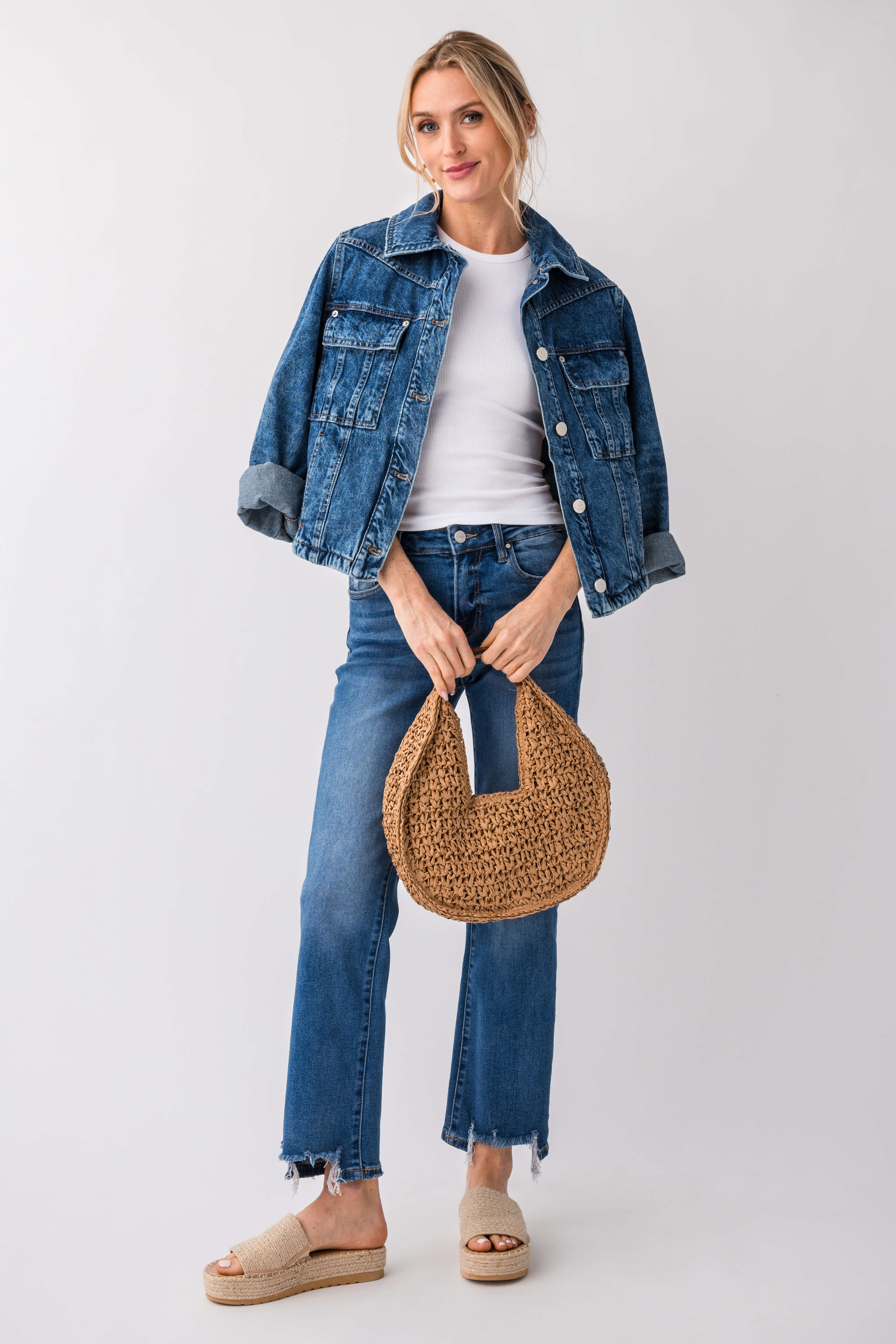 Free People Jade Denim Jacket for Women - Vintage Washed Lightweight Denim Jacket with Button Front and Roll-Up Sleeves - Perfect for Spring Layering, Casual Outfits, and Weekend Brunch