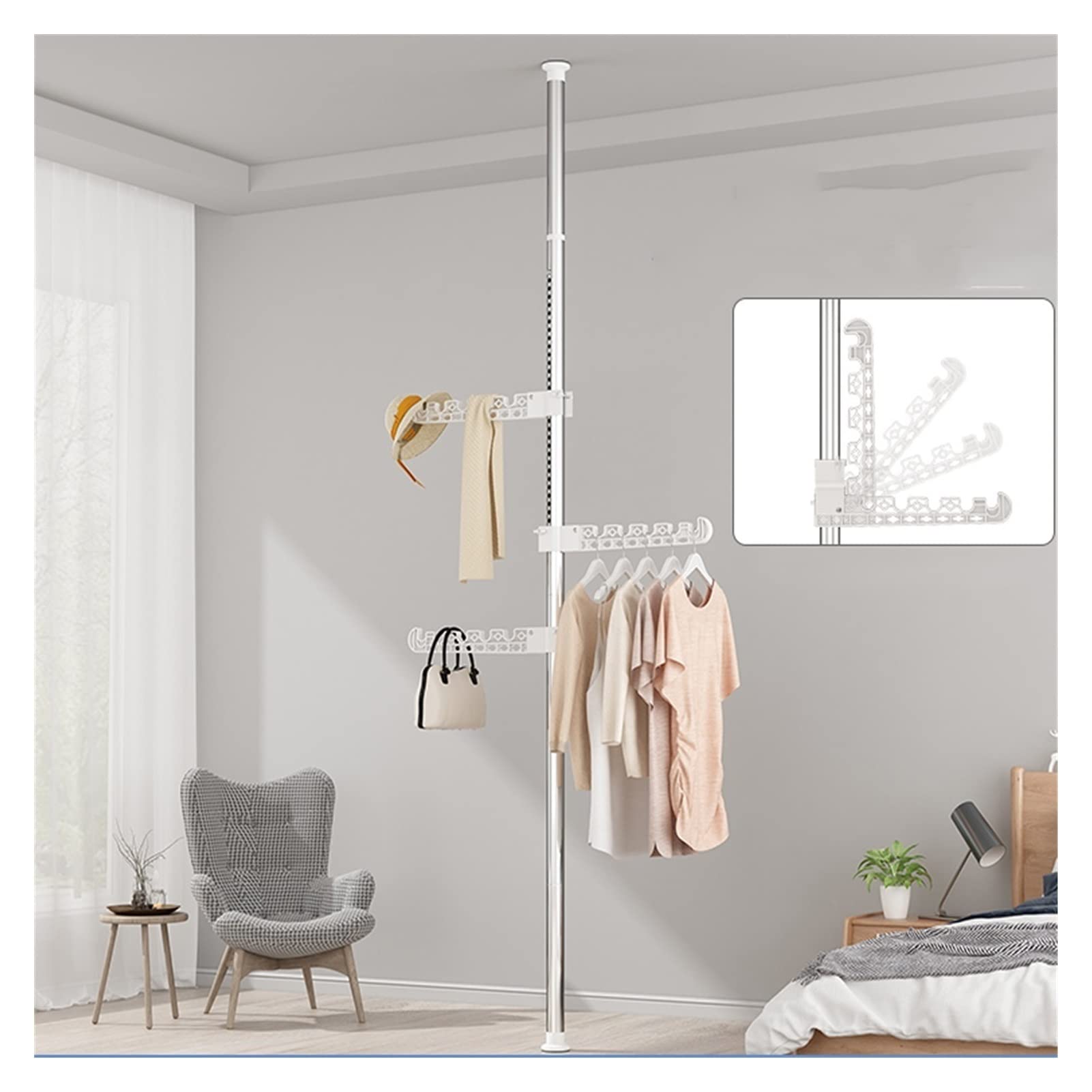 360 Degree Rotating Stainless Steel Coat Rack - Foldable Drying Rack with Adjustable Hanger Wings, No Perforation Telescopic Rod for Bedroom, Closet & Laundry Room Organization (3-Tier)