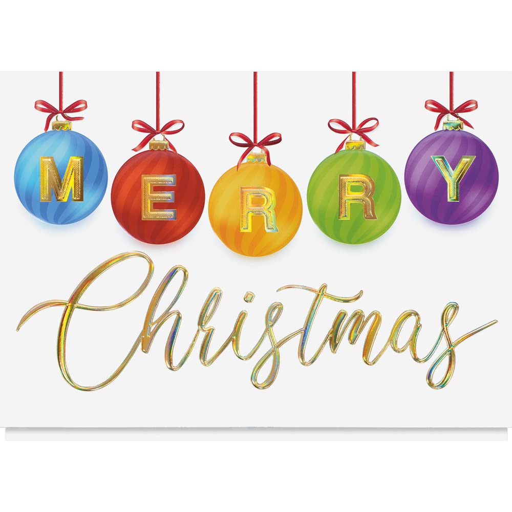 25 Personalized Christmas Cards with Foil-Lined Envelopes - Merry Hanging Ornaments Design for Holiday Greetings, Business Gifts & Family Celebrations | Perfect for Corporate Clients, Friends & Festive Home Decor