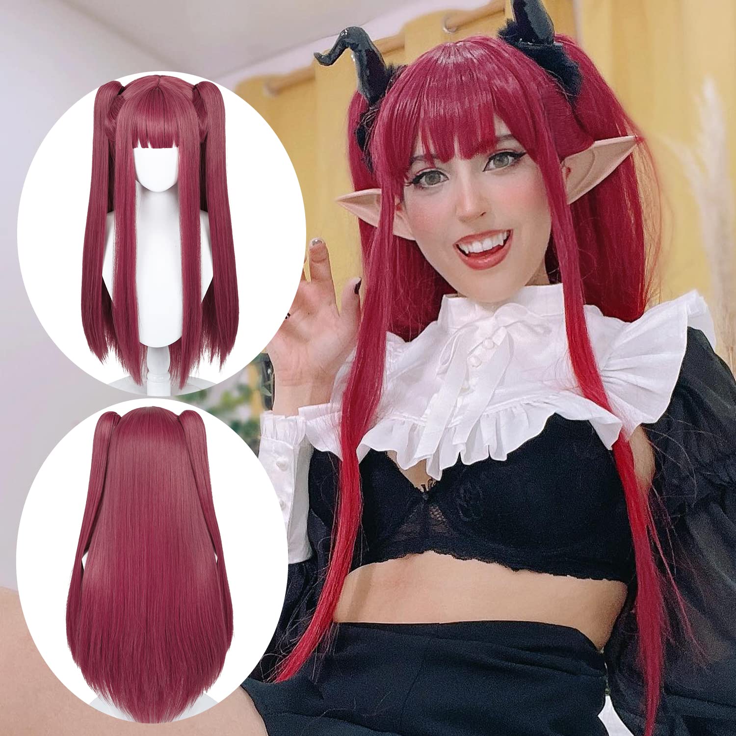 Alacos Red Ponytail Wig with Bangs - Long Straight Anime Cosplay Wig for Women | Perfect for Halloween, Costume Parties, Anime Conventions & Stage Performances