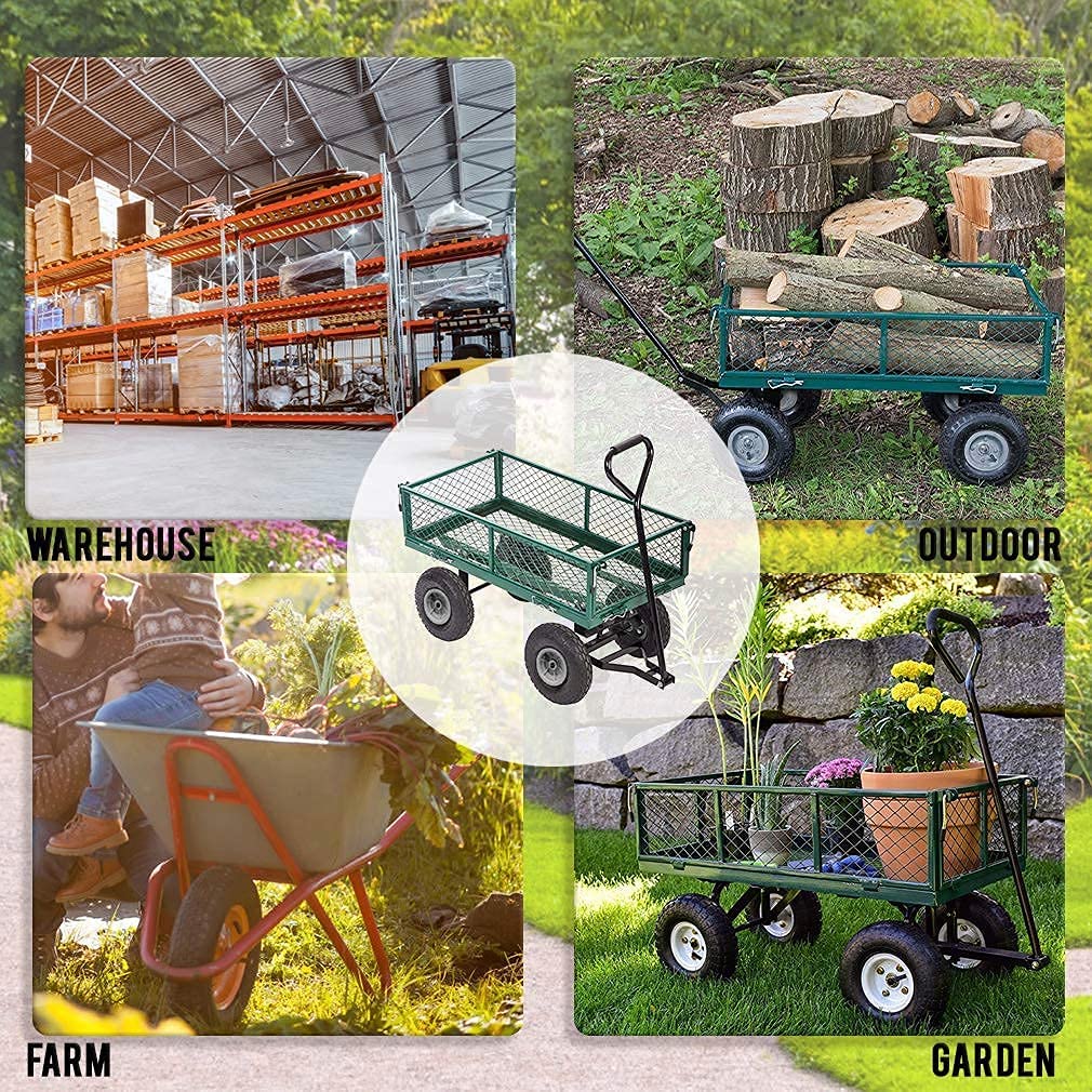 **Heavy Duty 650 lbs Capacity Garden Cart - 4-Wheel Steel Utility Wagon with Removable Sides for Yard, Lawn, Beach, Camping & Picnic - Collapsible Folding Green Outdoor Dump Wagon**    *(Perfect for Gardening, Landscaping, Hauling Firewood, Beach Trips, Camping Gear & Outdoor Adventures)*
