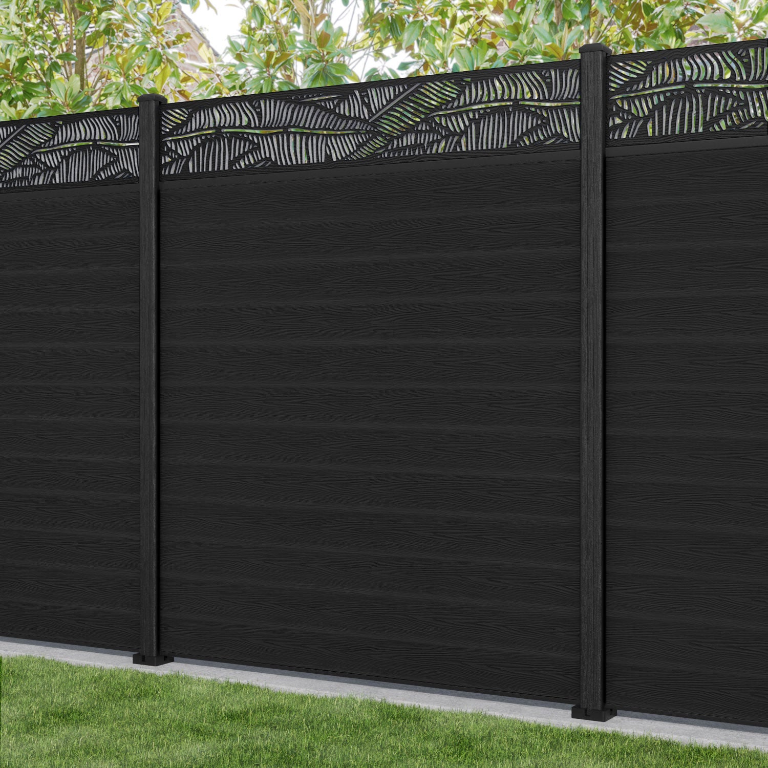 Classic Black Feather Fence Panel with Composite Posts - Durable Outdoor Privacy Screen for Garden, Patio, and Backyard Decoration