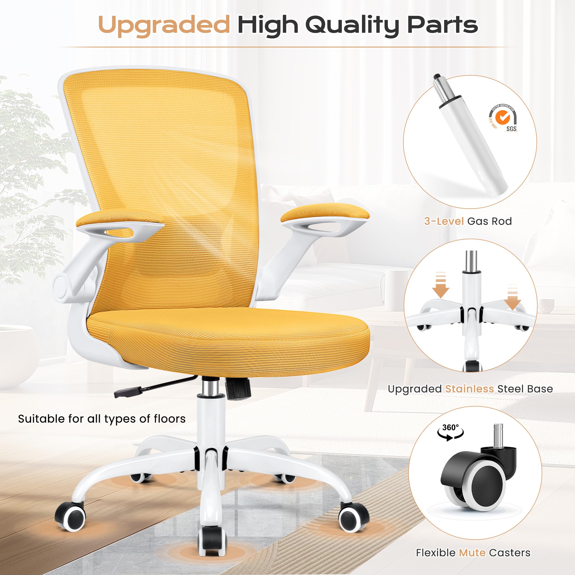 KERDOM Ergonomic Office Chair - Breathable Mesh Computer Desk Chair with Lumbar Support, Wheels & Flip-Up Arms - Adjustable Height Swivel Task Chair for Home Office & Gaming (Yellow) - Perfect for Long Work Sessions, Online Classes & PC Gaming