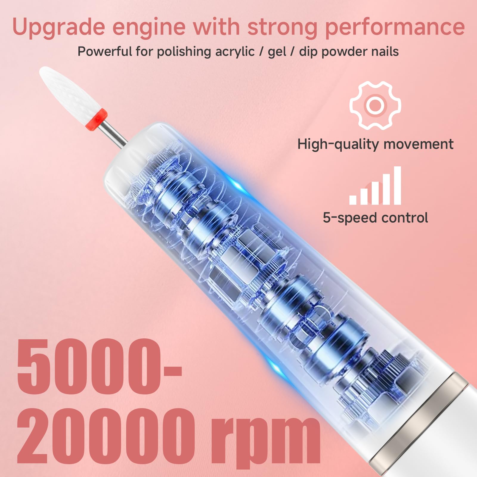 Professional Rechargeable Cordless Electric Nail Drill Kit - Acrylic Nail File & Buffer Set with Drill Bits & Sanding Bands | Perfect for Home Manicures & Salon Nail Art (White)