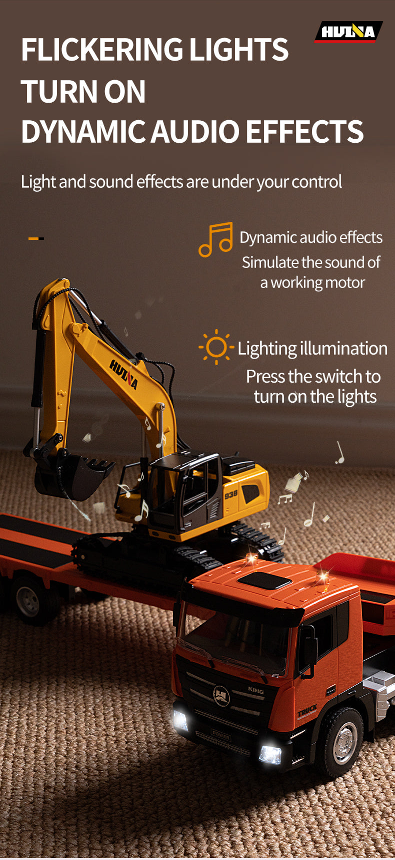 1:18 Huina 2.4G 1319 RC Tractor Truck with Remote Control - RTR Excavator & Flatbed Trailer - Ready to Play - Perfect for Construction Play, Kids Gifts & RC Hobbyists