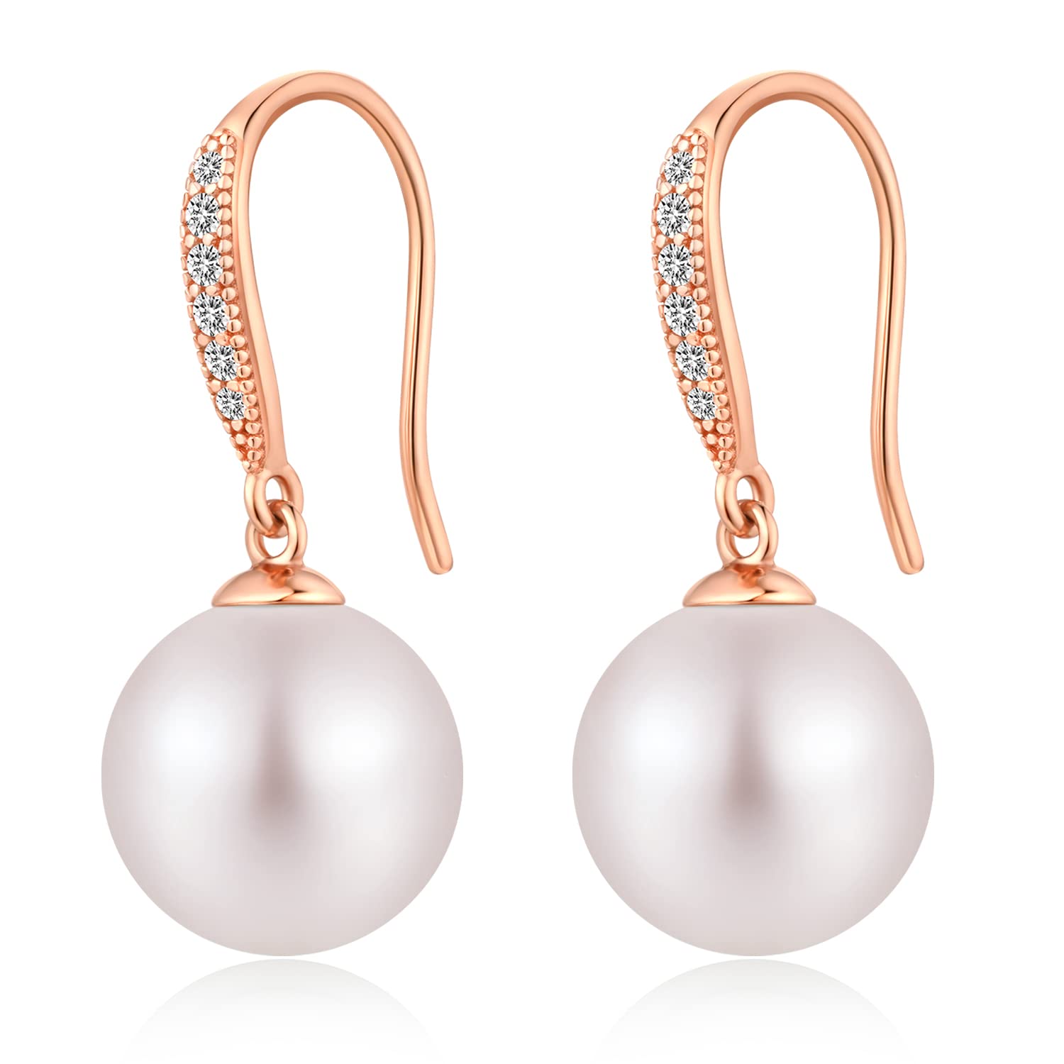 925 Sterling Silver Pearl Dangle Earrings for Women - 8MM-10MM Freshwater Pearl Drop Earrings with Diamond Accents | Elegant Jewelry Gift for Wedding, Party & Special Occasions