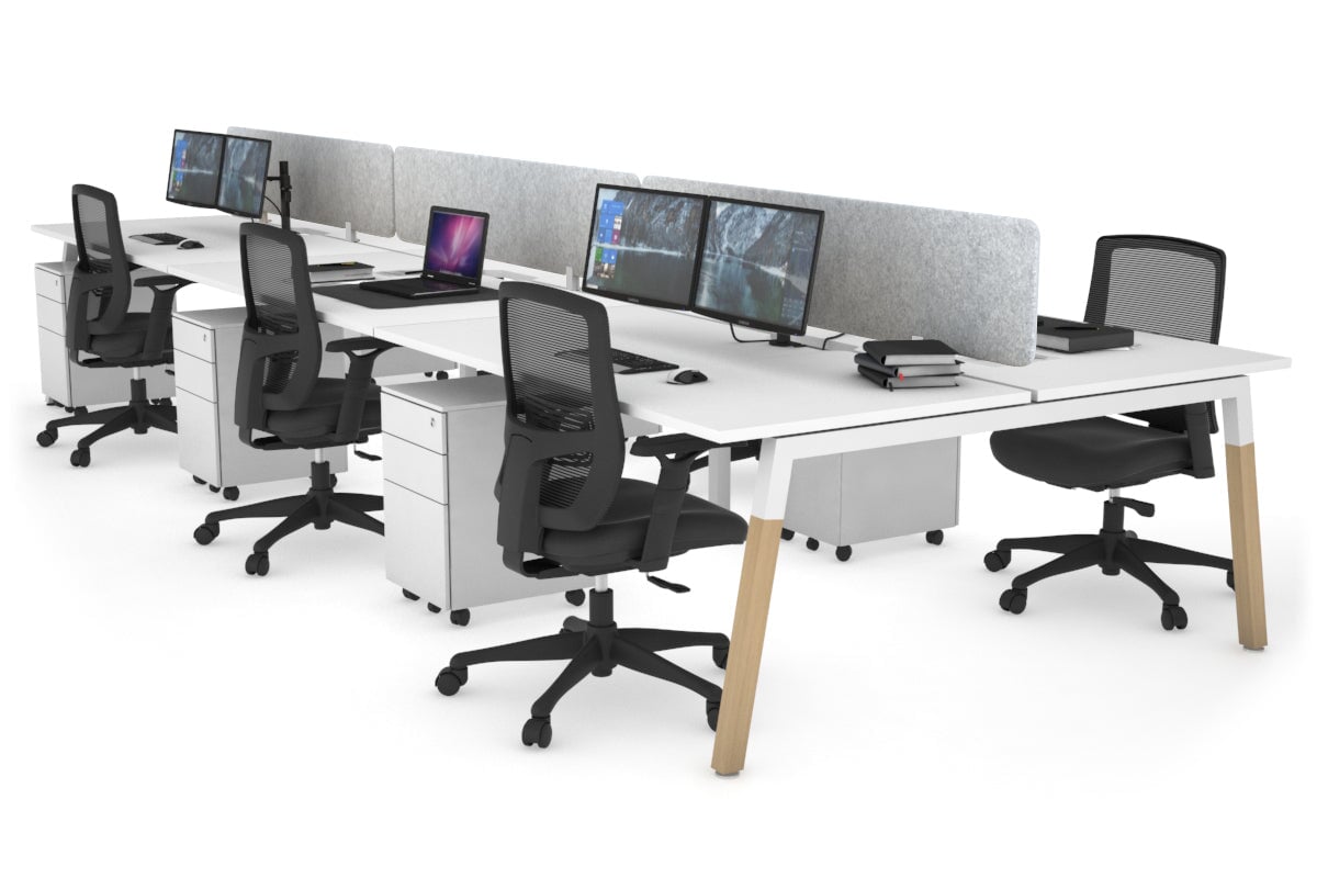 6-Person Quadro A Legs Office Workstation with Wood Legs & Cross Beam - 1600L x 800W with Cable Scallop - Perfect for Open Office Layouts & Collaborative Workspaces
