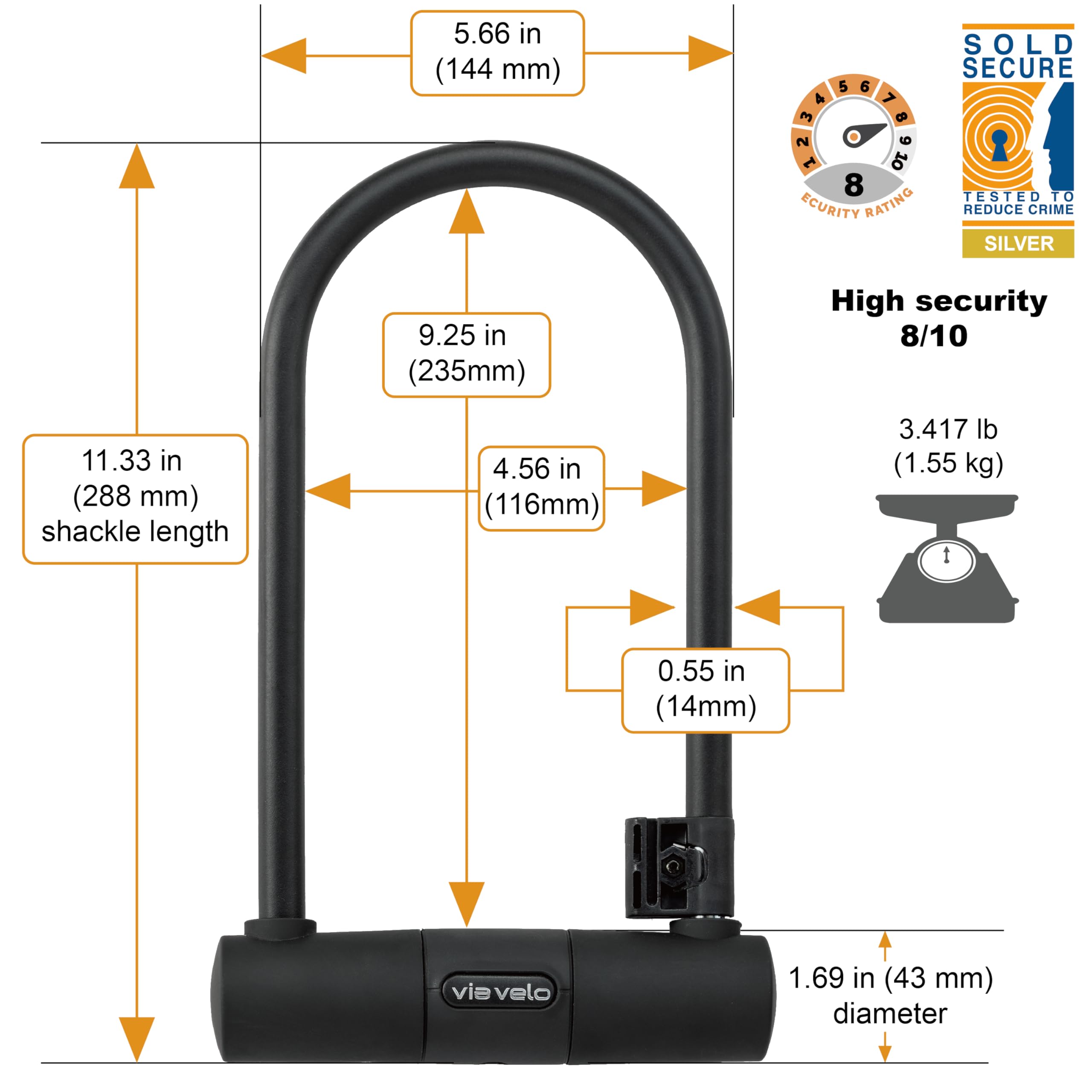 Via Velo Heavy Duty Bike U Lock with 6ft Cable - 15mm Anti-Theft Shackle (9.25
