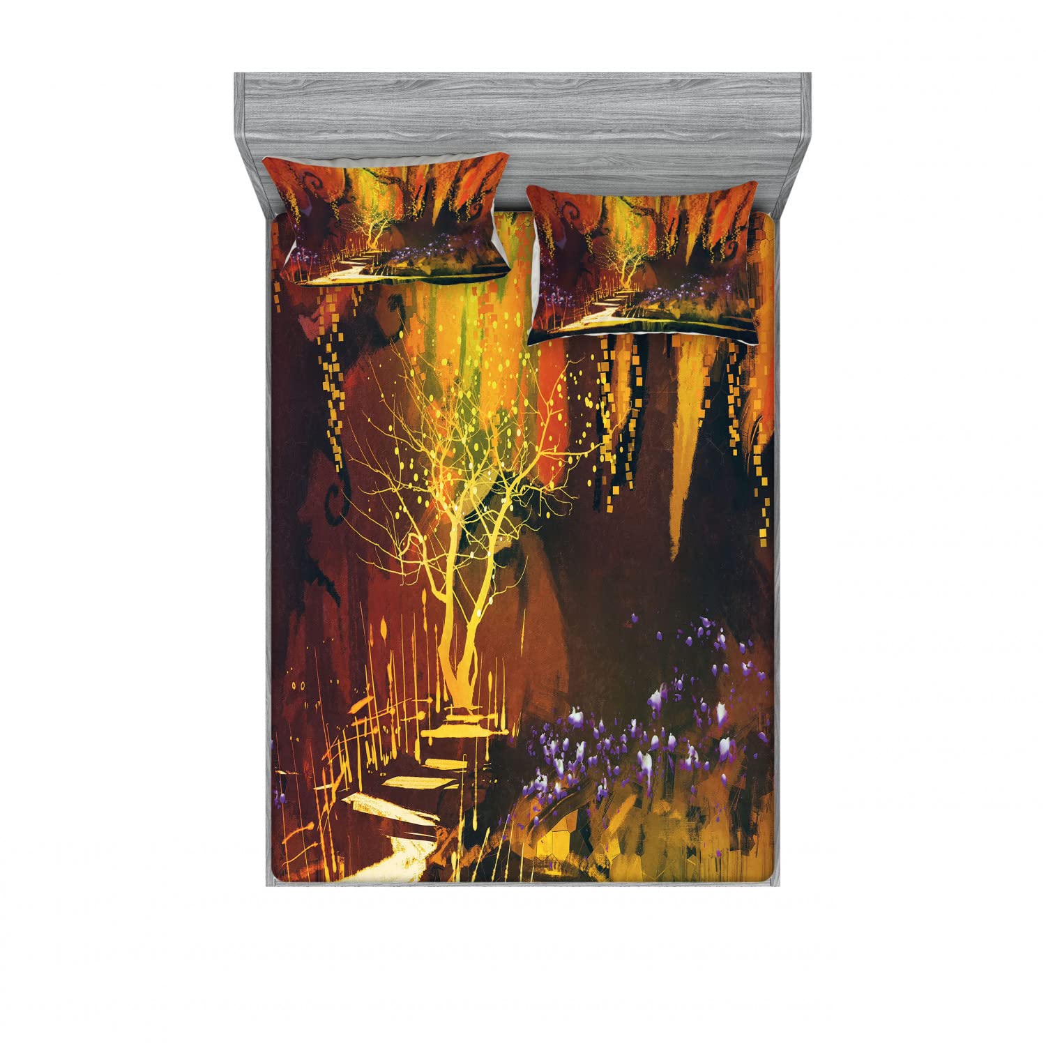 Ambesonne 2-Pack Queen Size Fitted Sheet & Pillow Sham Set - Forest Landscape Design, 4-Piece Bedding Set (2 Fitted Sheets + 4 Pillow Covers) in Earthy Orange Brown Tones | Perfect for Master Bedroom, Guest Room & Cabin Decor