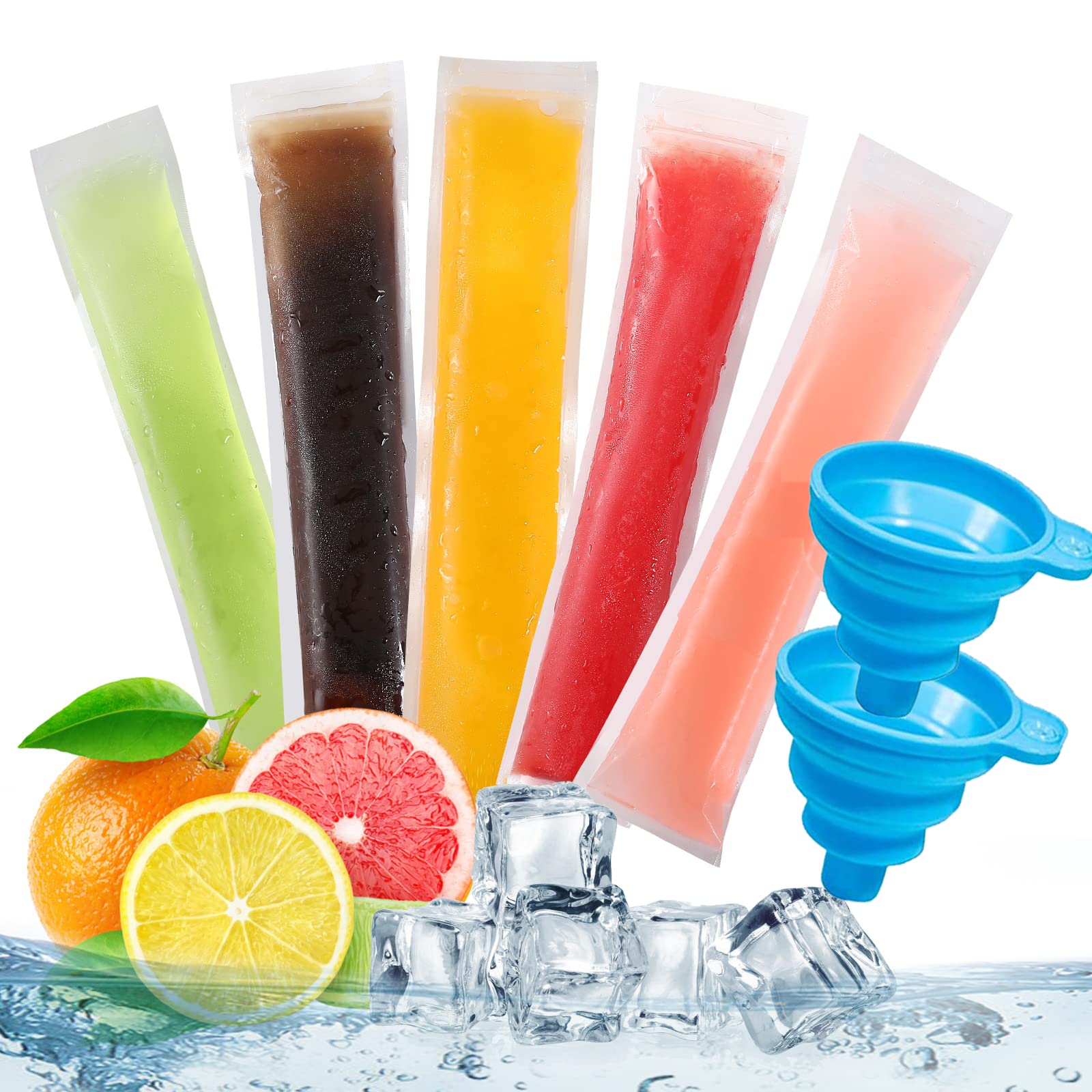 100 Pack DIY Disposable Ice Pop Bags - 8x2 Inch Popsicle Molds with Silicone Funnels for Homemade Ice Lollies, Freezer Snacks & Frozen Treats | Perfect for Summer Parties, Kids Snacks & Healthy Desserts