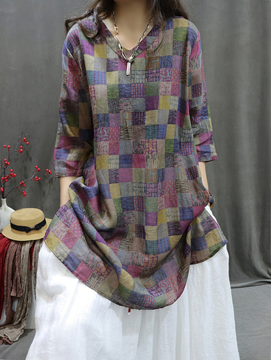 Plus Size Women's Summer Retro Spliced V-Neck Loose Long Shirt - Casual Beach Cover Up & Boho Fashion Tunic Top