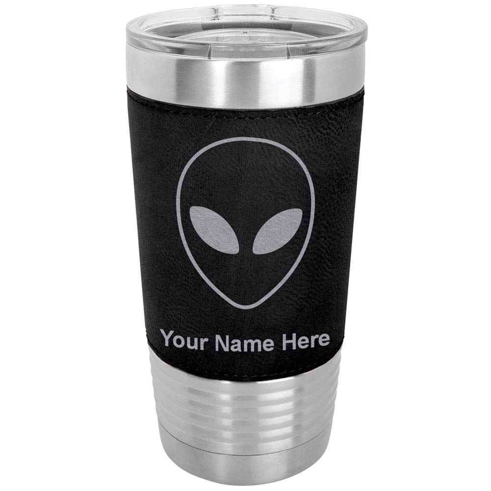 LaserGram 20oz Vacuum Insulated Stainless Steel Tumbler Mug with Alien Head Design - Personalized Engraving, Faux Leather Base, Black - Perfect for Coffee, Tea & Cold Drinks at Home, Office or Travel