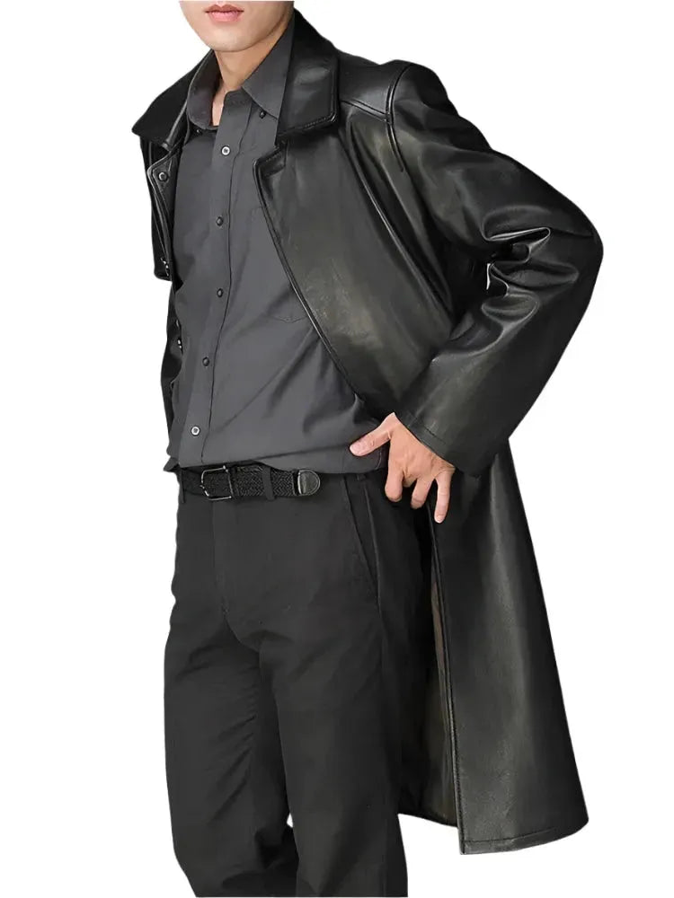 Premium Men's Genuine Leather Overcoat - Classic Long Trench Coat for Winter, Business & Formal Occasions