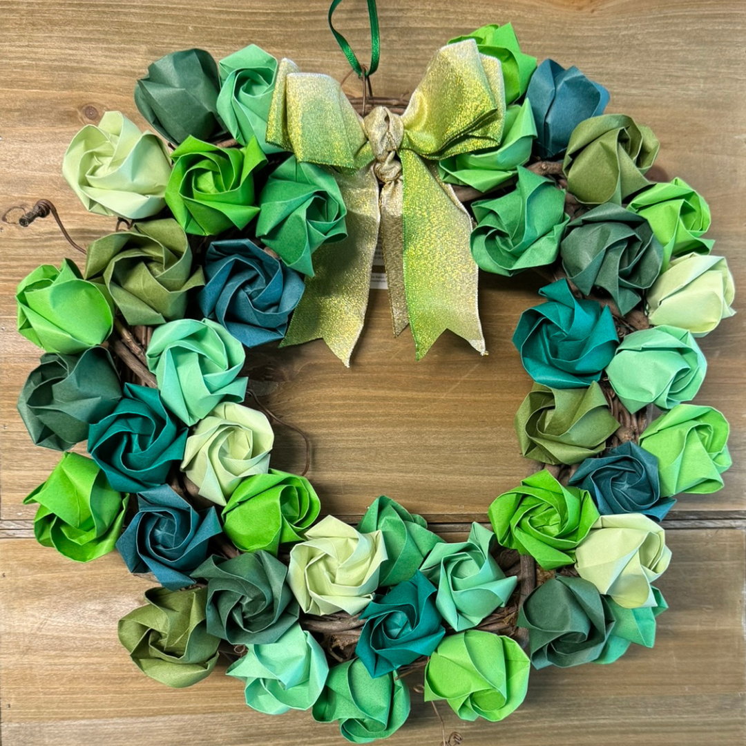 Handmade Origami Rose Wreath - Elegant Green Paper Flower Wall Decor for Home, Wedding, Party & Gift Giving
