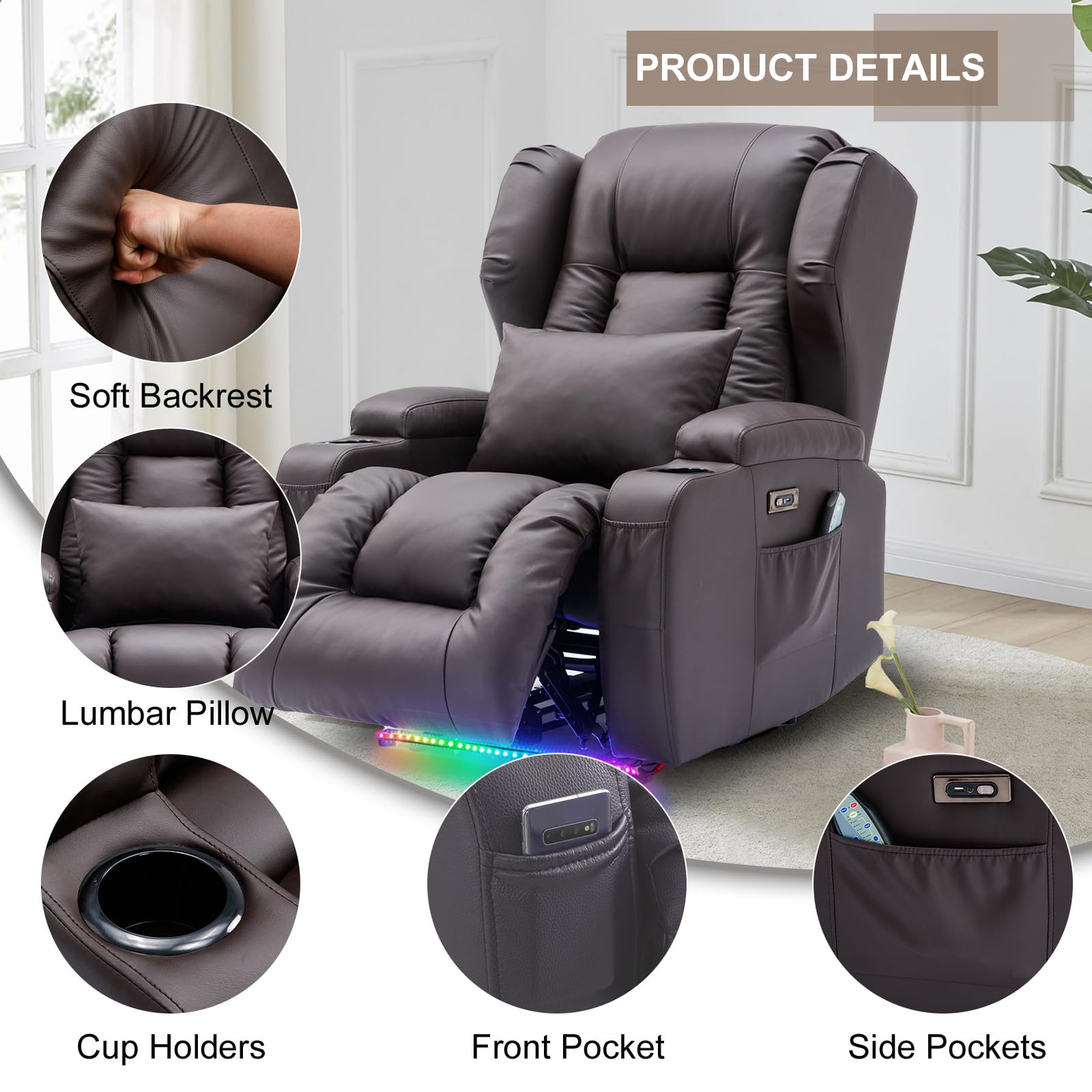 BINGTOO Electric Power Recliner Chair with Massage & Heat - Ergonomic Wingback Recliner for Adults, Living Room Lounge Sofa with LED Light, Cup Holders & USB Ports - Perfect for Home Theater, Gaming & Relaxation