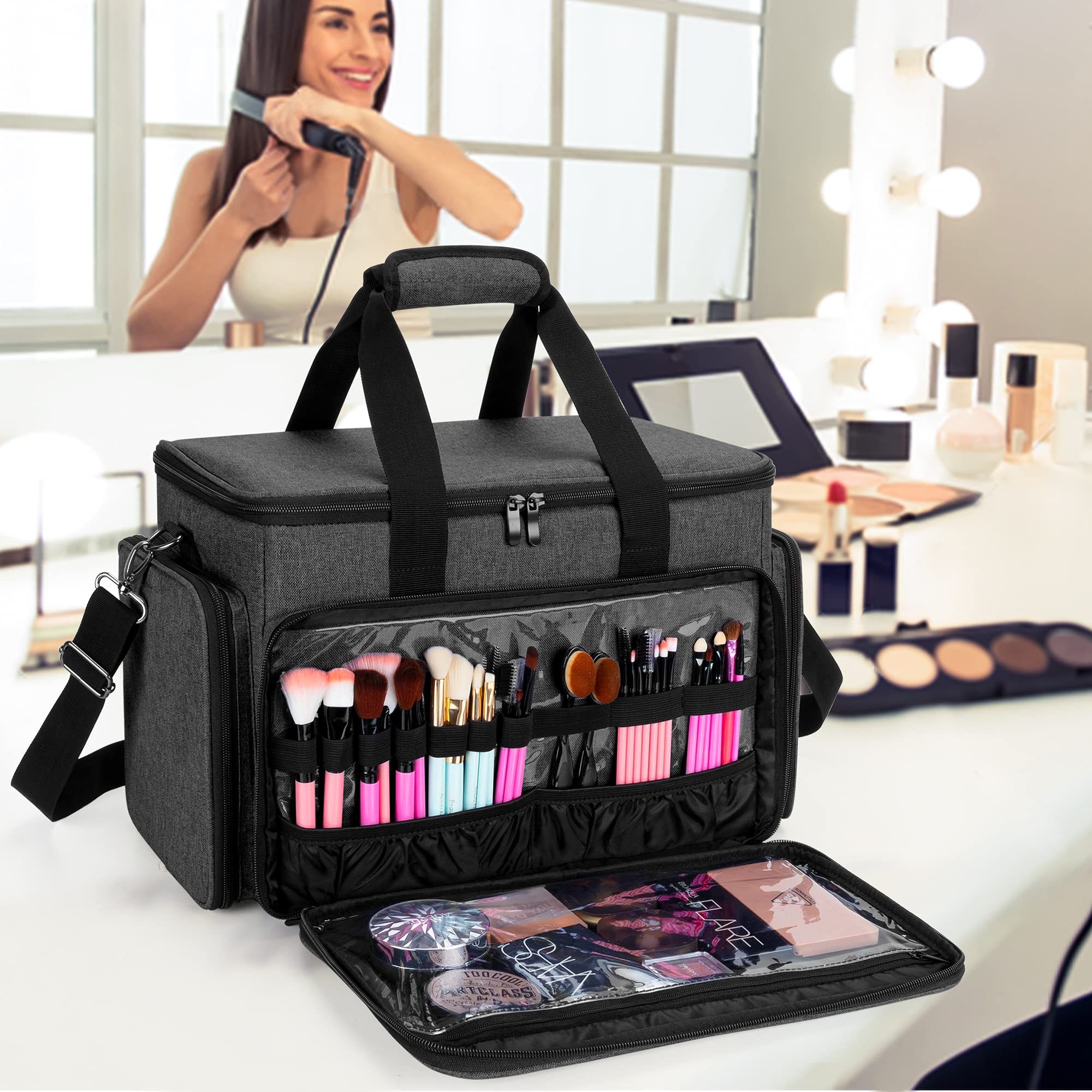 BAFASO Large Waterproof Cosmetic Bag with Adjustable Dividers - Travel Makeup Organizer Case for Brushes, Lipsticks & Skincare - Perfect for Vacation, Gym & Daily Use (Black)