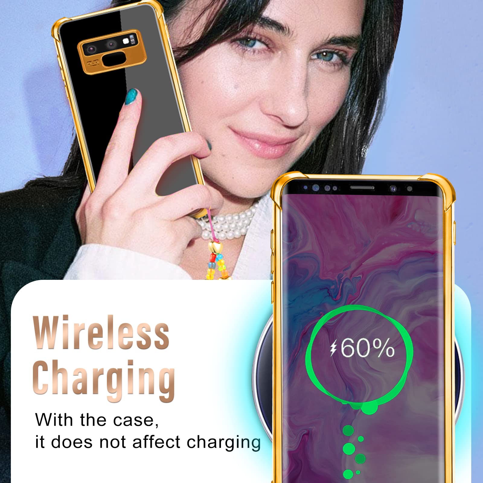 2in1 Luxury Samsung Galaxy Note 9 Case with Screen Protector & Chain - Elegant Black & Gold Plating Heart Design for Women & Girls | Trendy Aesthetic Protection for 6.4