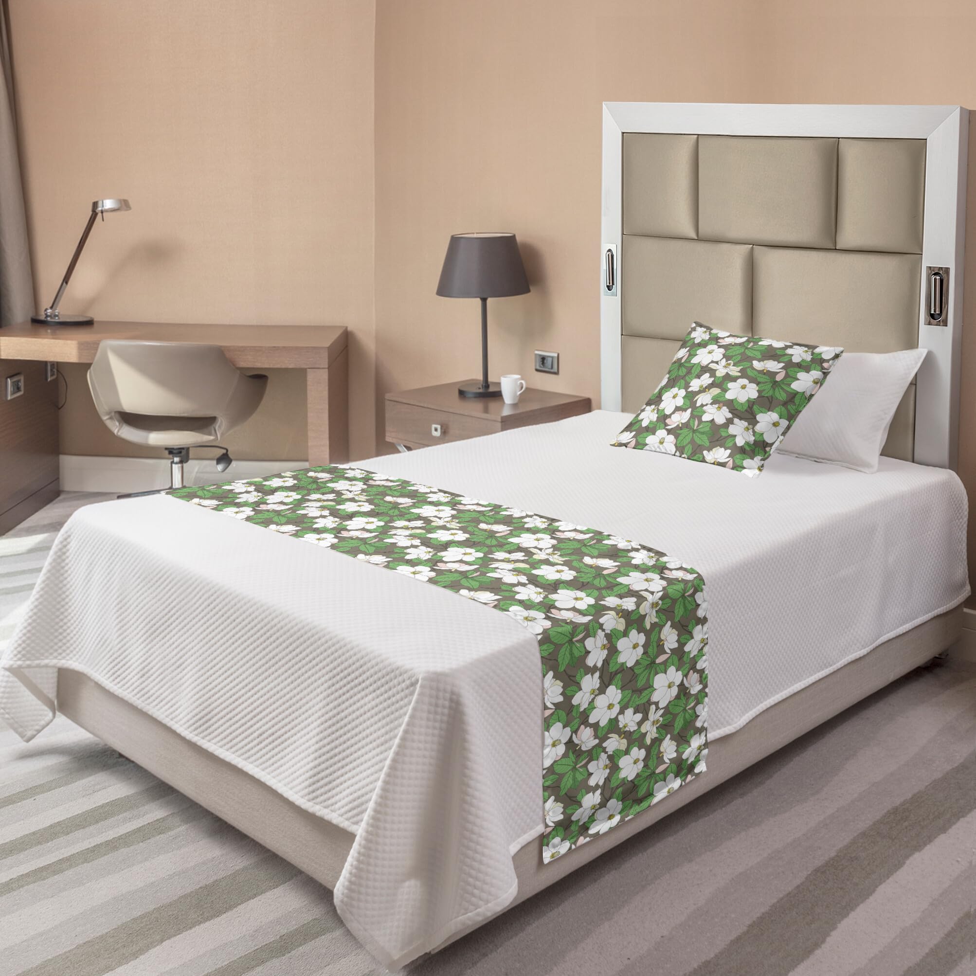 Ambesonne Floral Bed Runner Set - Magnolia Flower Bouquets Blooming Petals Gardening Field Pattern, Decorative Bedding Scarf & Pillow Sham for Hotels & Homes, Twin Size, Green Brown Multicolor - Perfect for Spring Bedroom Decor & Guest Room Styling