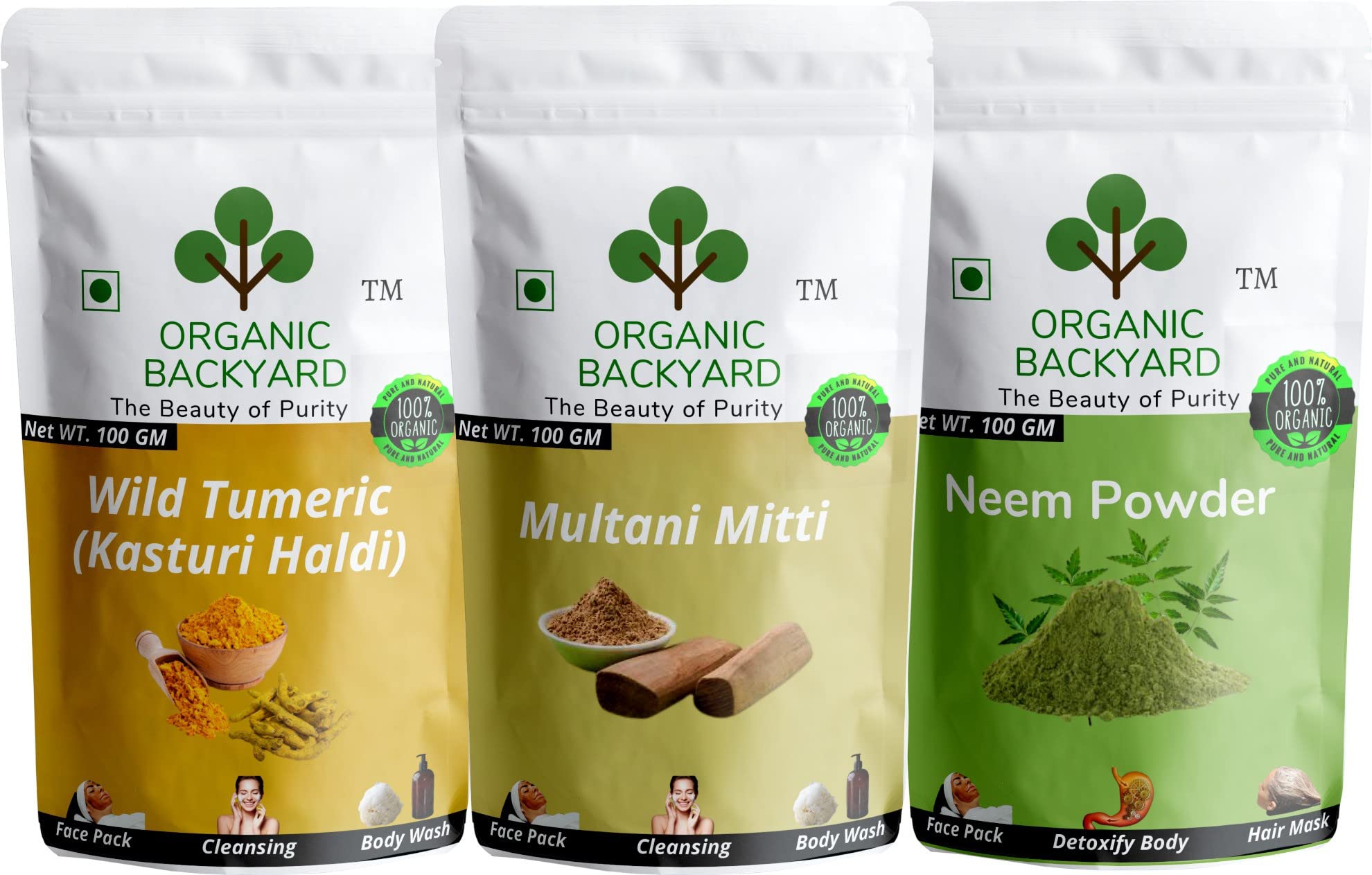 Organic Neem, Wild Turmeric (Kasturi Haldi), and Multani Mitti Powder Combo - 100% Natural Face Care Treatment (100g Each) - Brighten Skin, Reduce Acne & Glow - Perfect for DIY Face Masks & Ayurvedic Beauty Routines