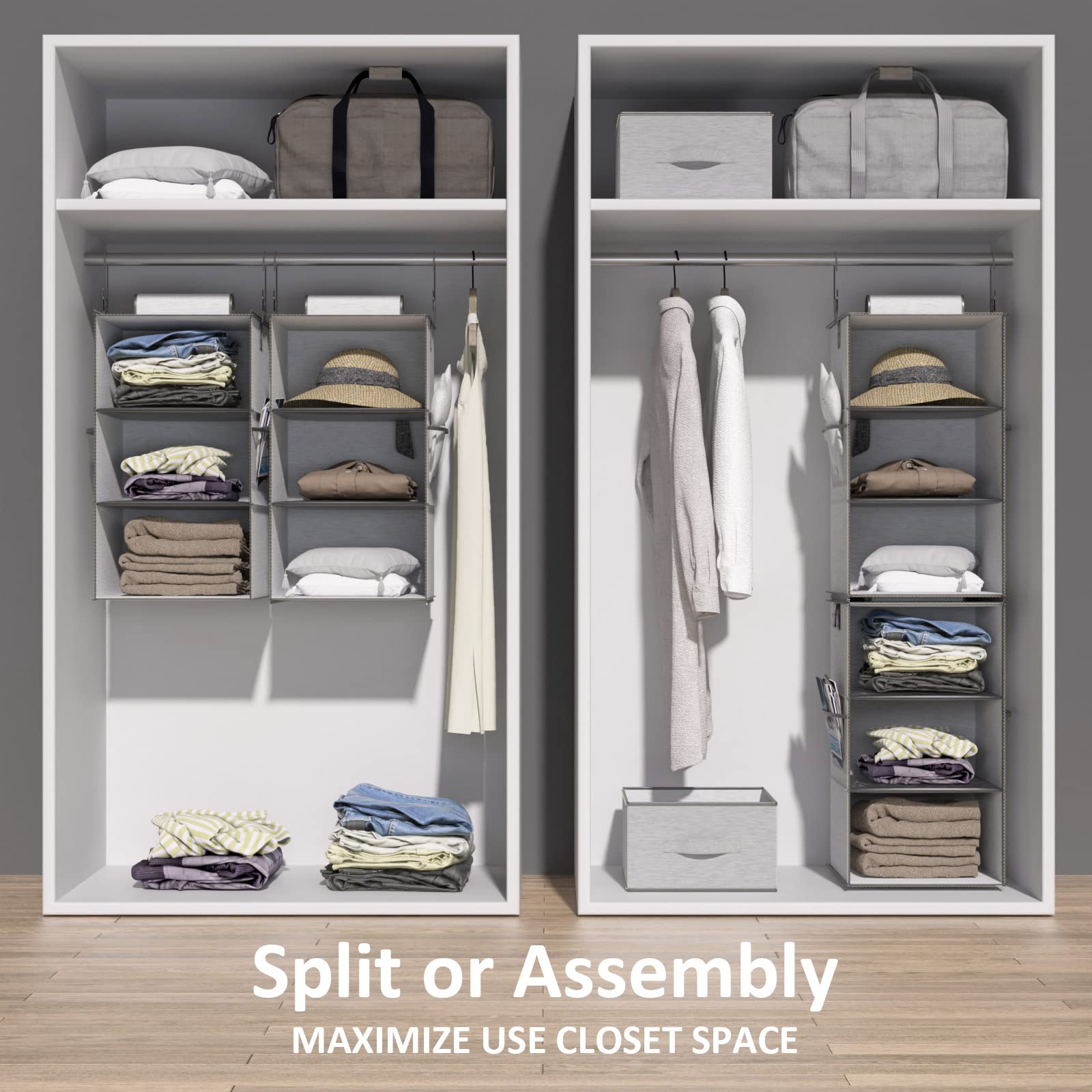 2-Pack Gray Hanging Closet Organizer with 3 Adjustable Shelves - Space Saving Storage for Closet, Dorm, RV, Apartment & Small Spaces - Foldable Shelves for Clothes, Shoes & Accessories Organization
