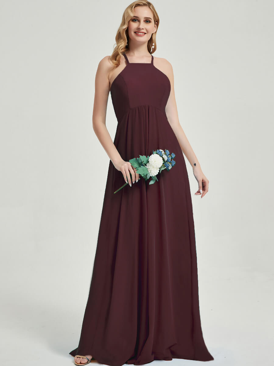 Elegant Cabernet Halter Neck Empire Waist Pleated Open Back Chiffon Bridesmaid Dress - Perfect for Weddings, Formal Events & Special Occasions