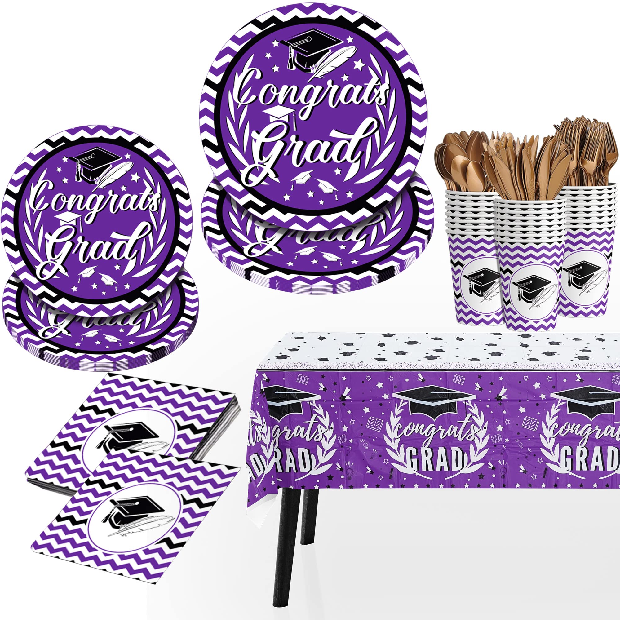 KatchOn 2024 Graduation Party Supplies Kit - 176-Piece Set (Plates, Napkins, Cups, Tablecloth) for 25 Guests | Purple Graduation Decorations 2025 | Perfect for High School & College Grad Parties, Commencement Celebrations & Graduation Dinners