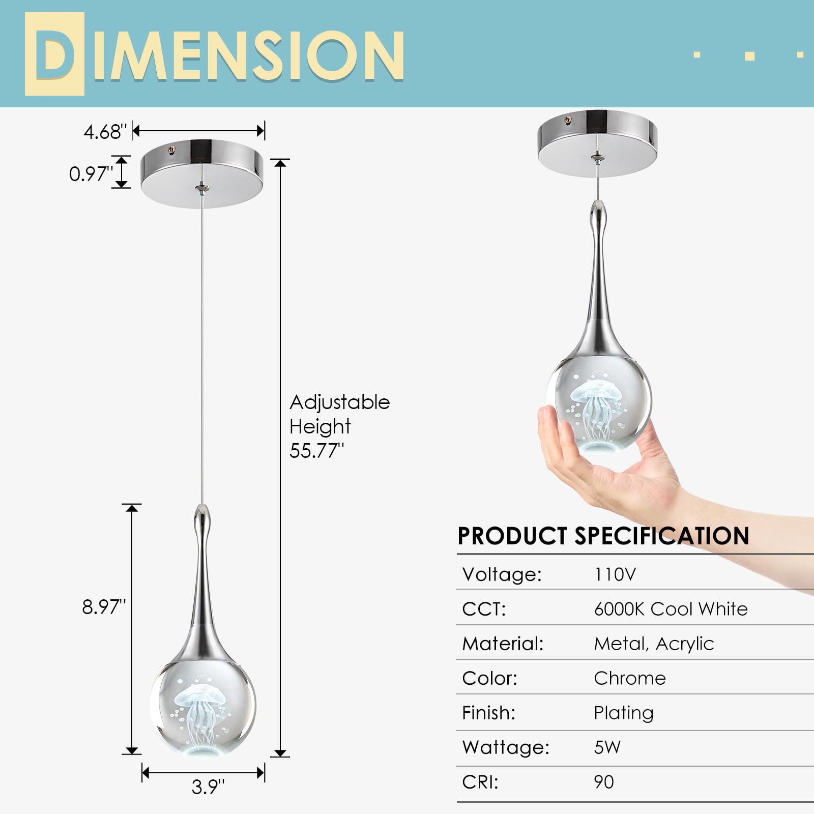 CHYING Mini LED Teardrop Crystal Pendant Light - 6000K Cool White Chrome Ceiling Hanging Light for Kitchen Island, Bathroom, Dining Room & Bar | Modern Globe Jellyfish Lighting for Home & Office Decor