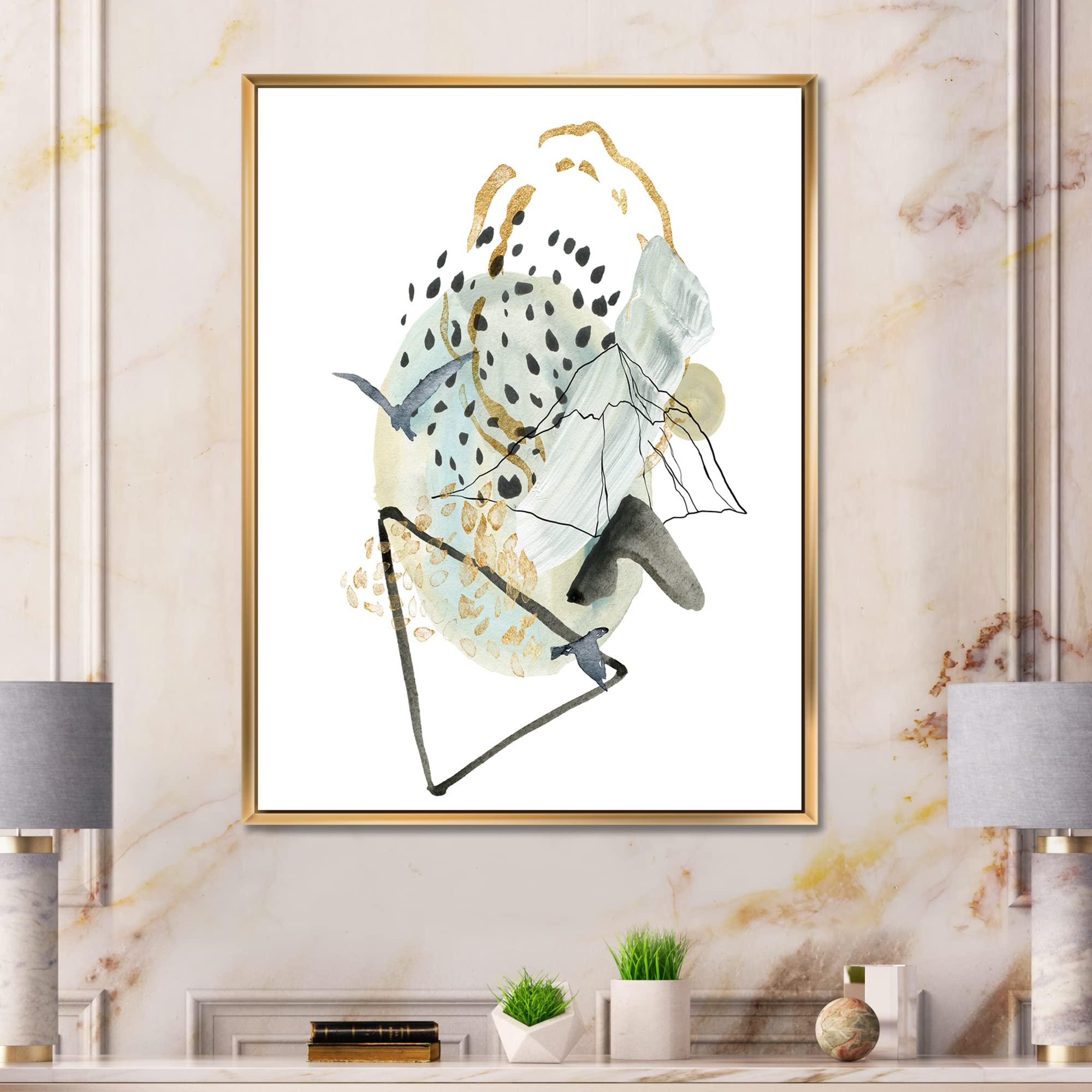 Abstract Landscape Gouache Painting with Mountain Bird - Modern Framed Canvas Wall Art Print for Living Room, Bedroom & Office Decor