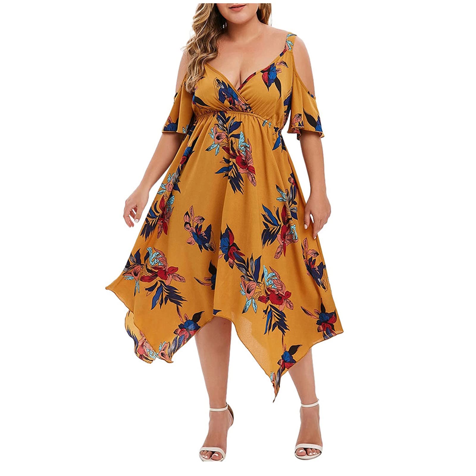 Floral Print Plus Size Casual Dress for Women - V-Neck Handkerchief Hem Open Shoulder Dress - Perfect for Summer Outings, Beach Vacations & Date Nights